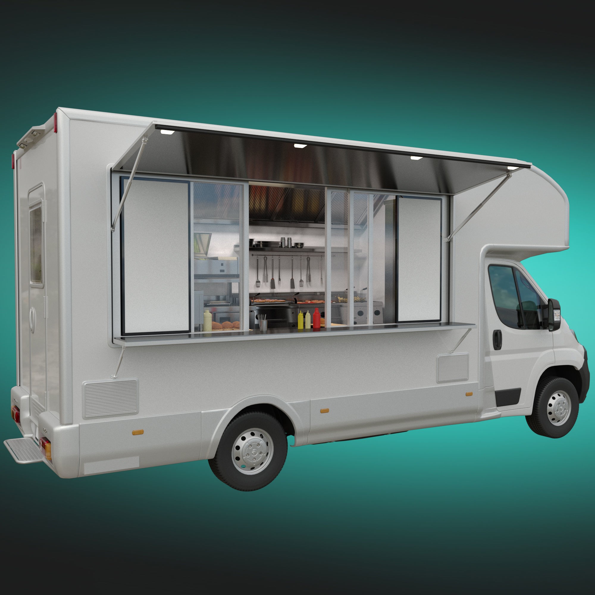 Food Truck Peugeot Boxter 3D Model – Detailed Vehicle with Kitchen Equipment, FBX - View 3