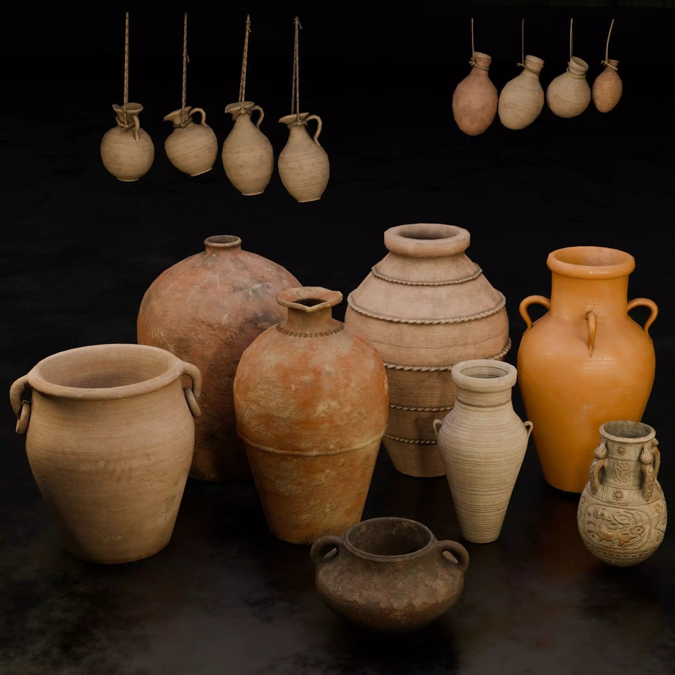 Clay Jars and Hanging Jugs Pack - Low-Poly Game-Ready 3D Model - View 2