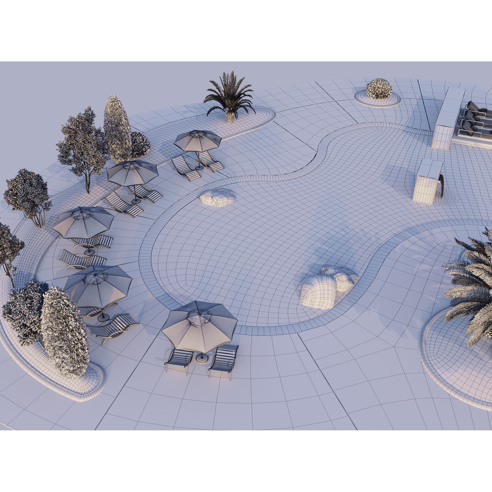 Swimming Pool 3D Model – Realistic Landscape with Loungers and Umbrellas - View 12
