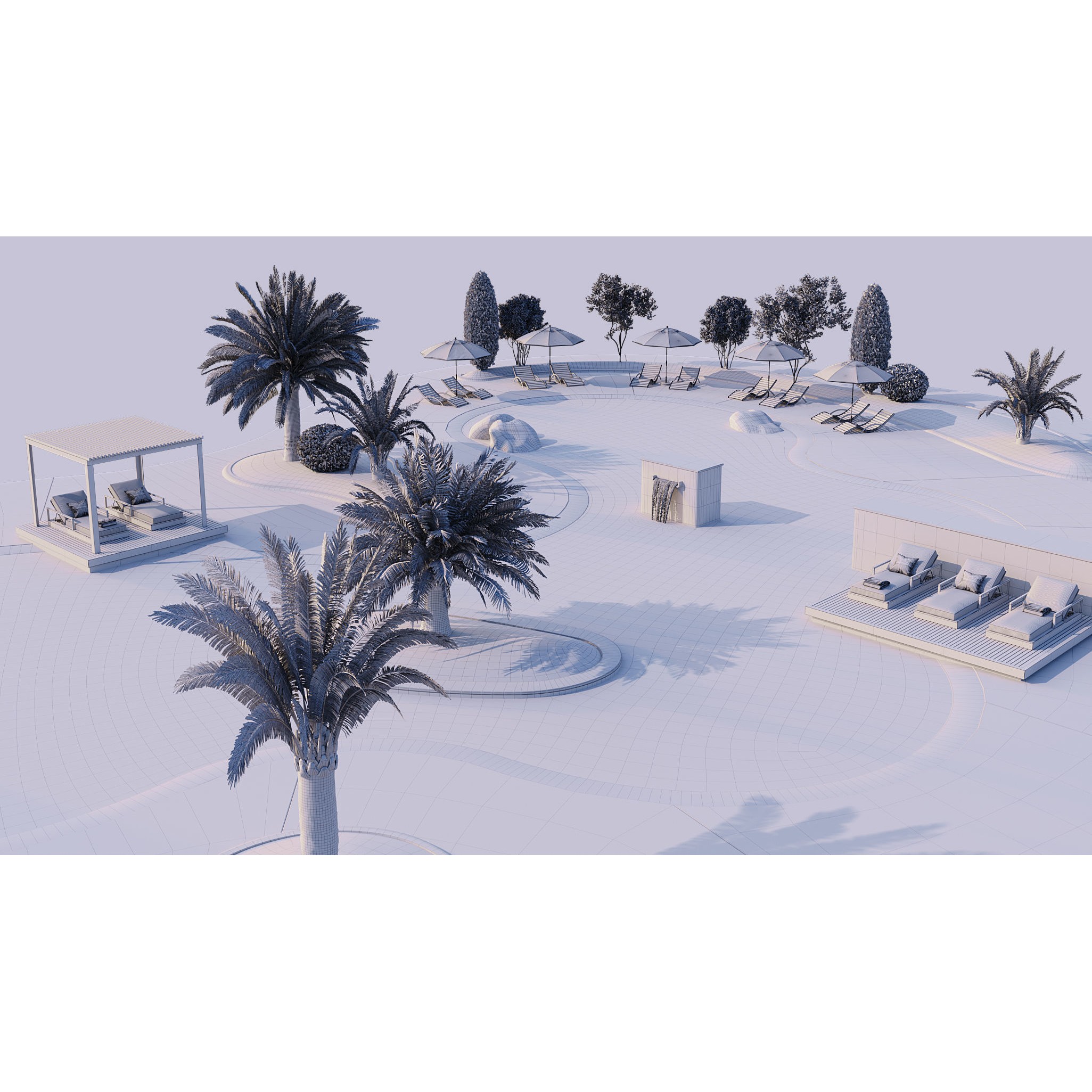Swimming Pool 3D Model – Realistic Landscape with Loungers and Umbrellas - View 13