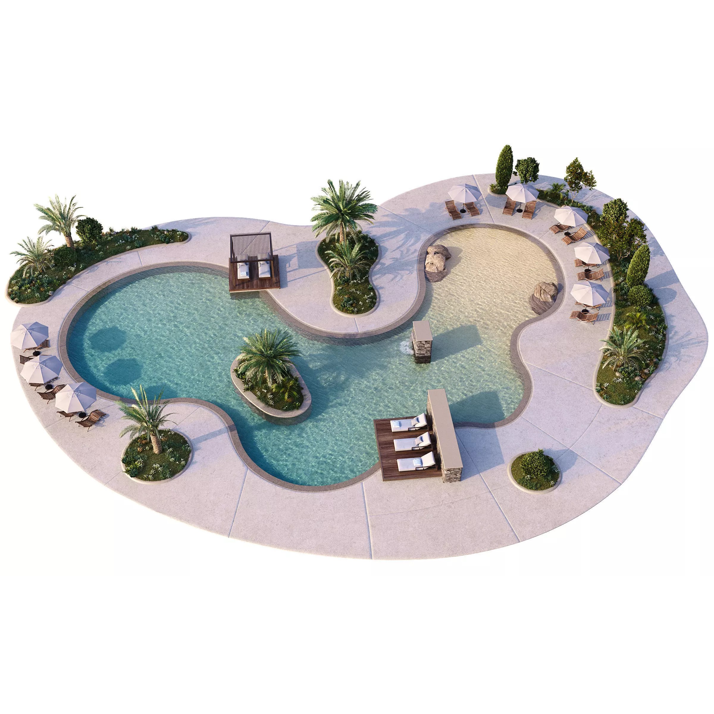 Swimming Pool 3D Model – Realistic Landscape with Loungers and Umbrellas - View 2
