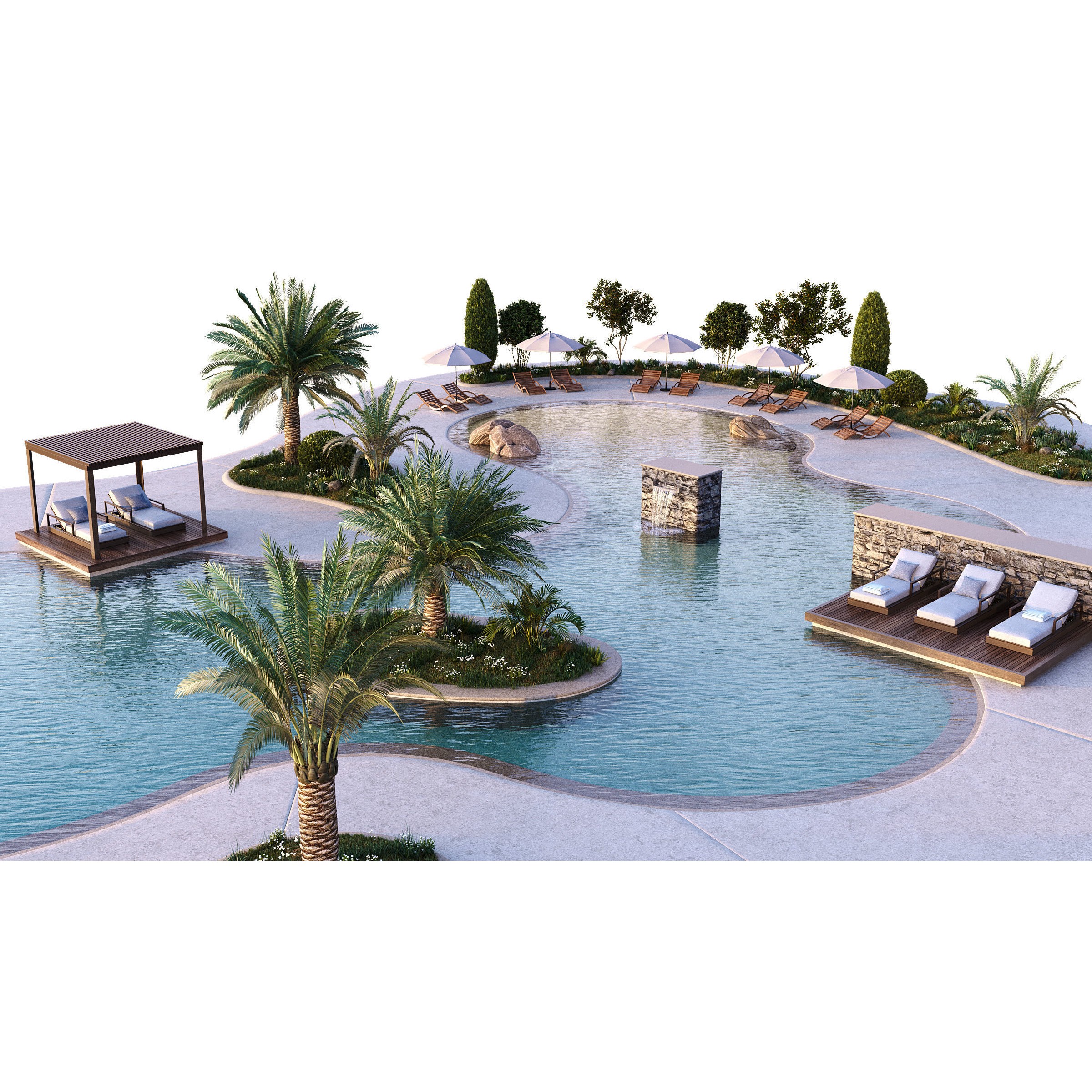 Swimming Pool 3D Model – Realistic Landscape with Loungers and Umbrellas - View 3