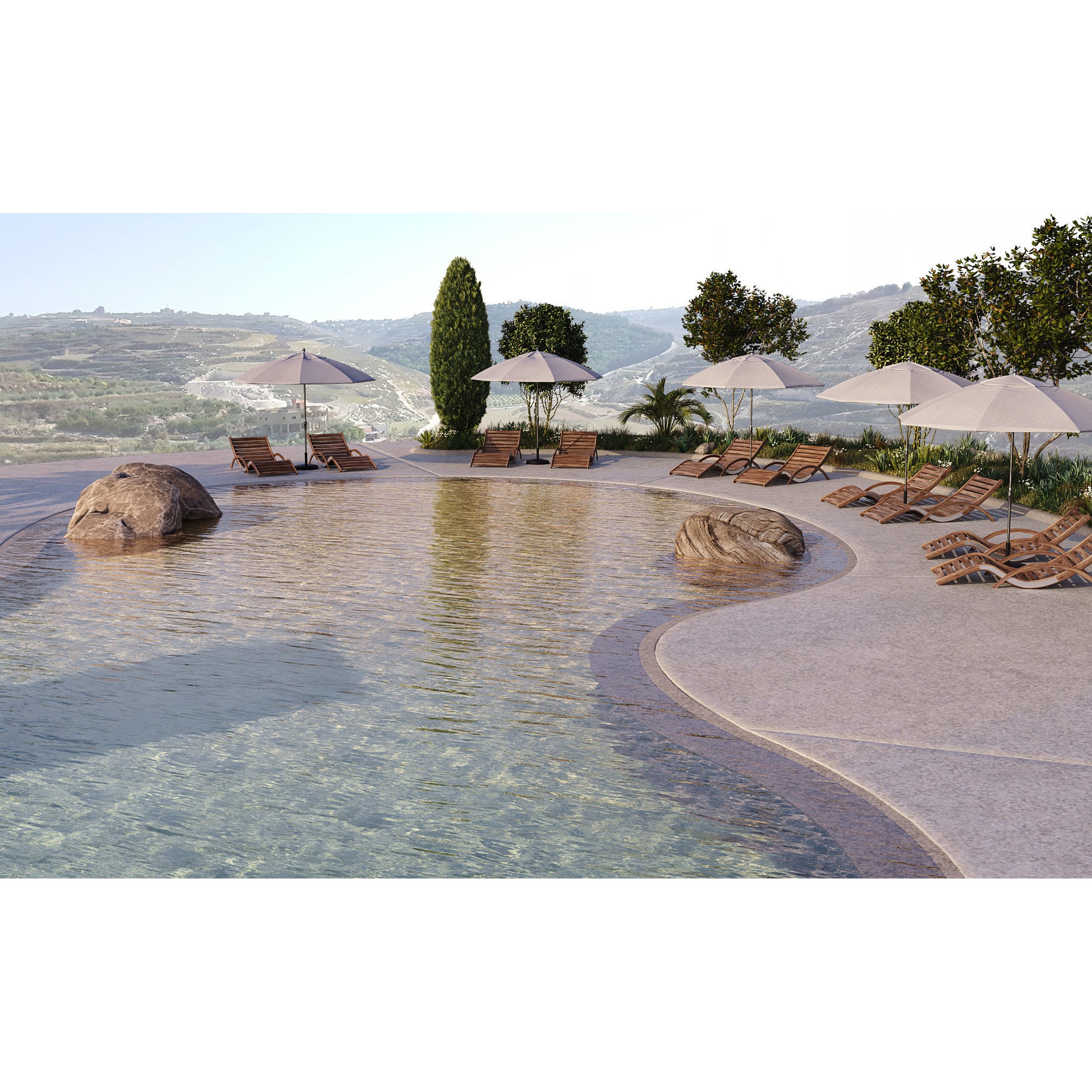 Swimming Pool 3D Model – Realistic Landscape with Loungers and Umbrellas - View 4