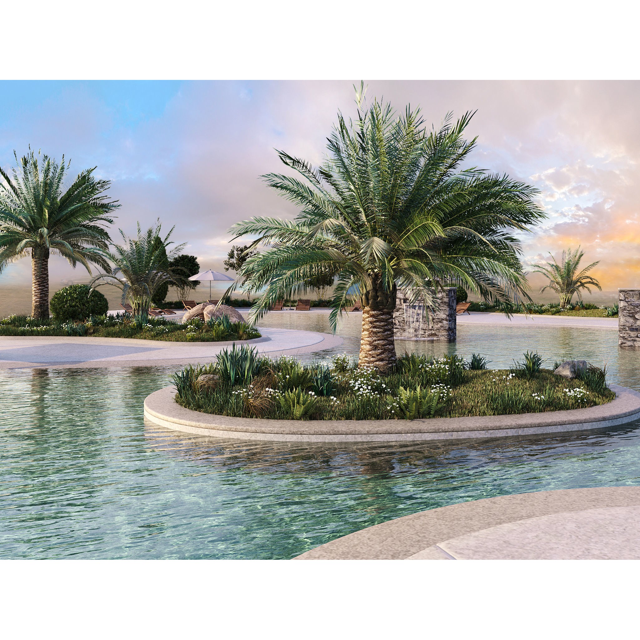 Swimming Pool 3D Model – Realistic Landscape with Loungers and Umbrellas - View 5