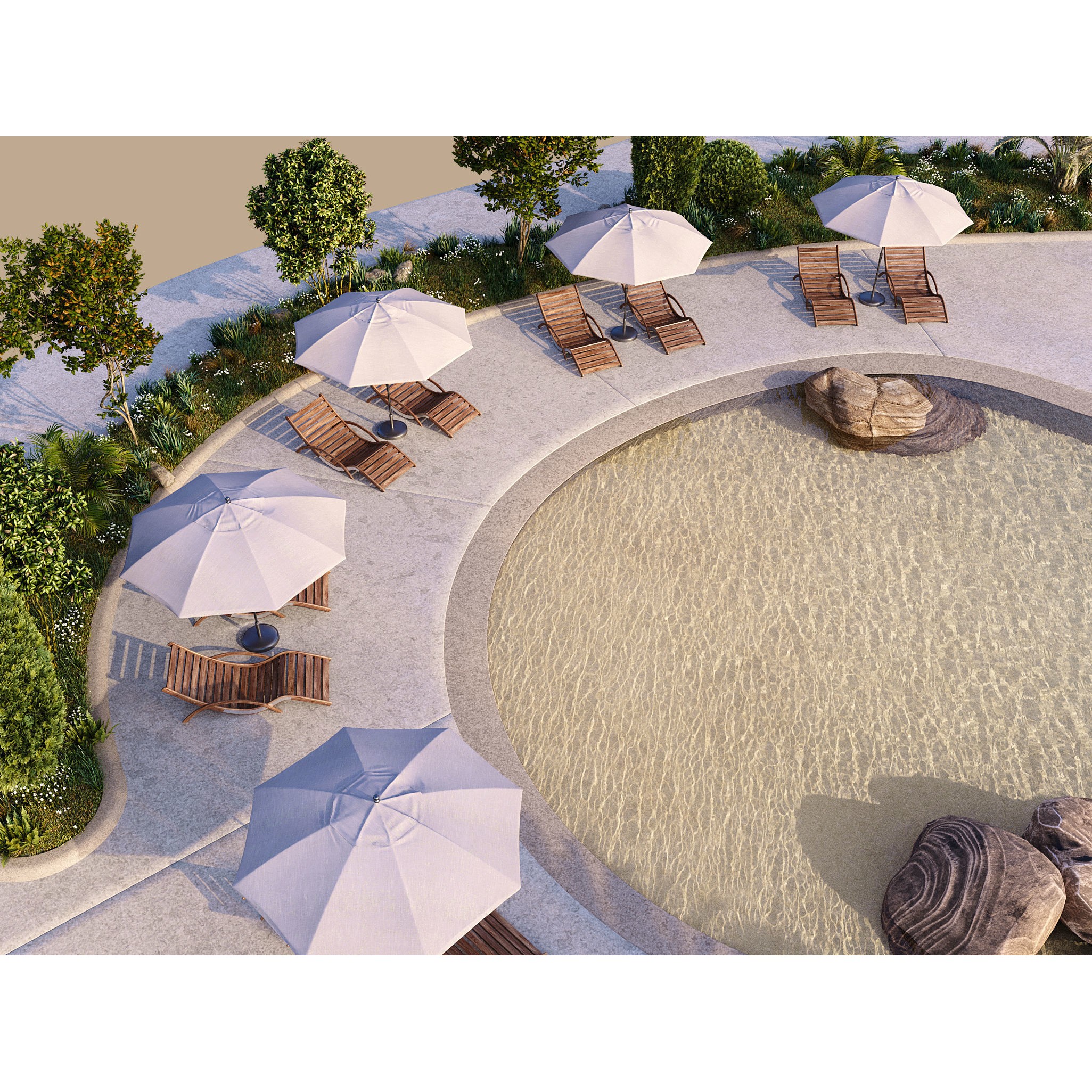 Swimming Pool 3D Model – Realistic Landscape with Loungers and Umbrellas - View 6