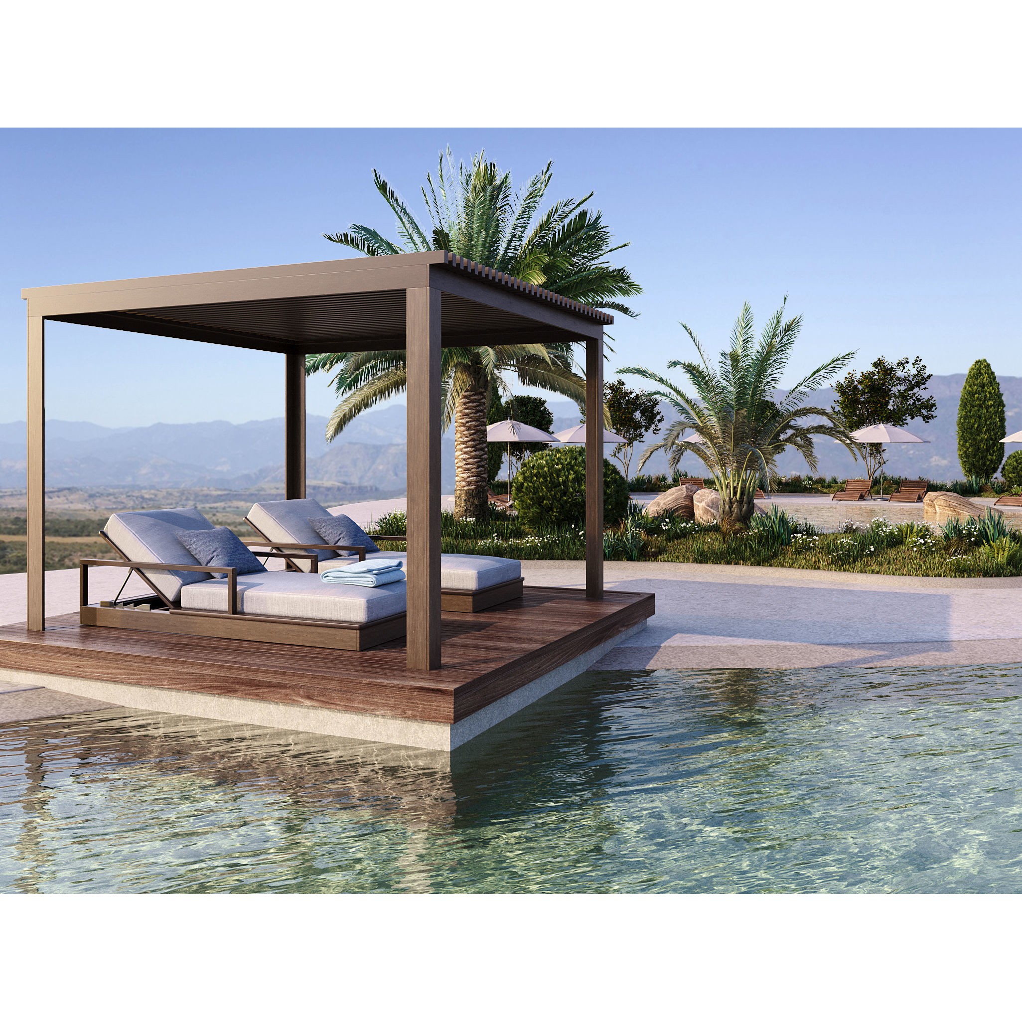 Swimming Pool 3D Model – Realistic Landscape with Loungers and Umbrellas - View 7