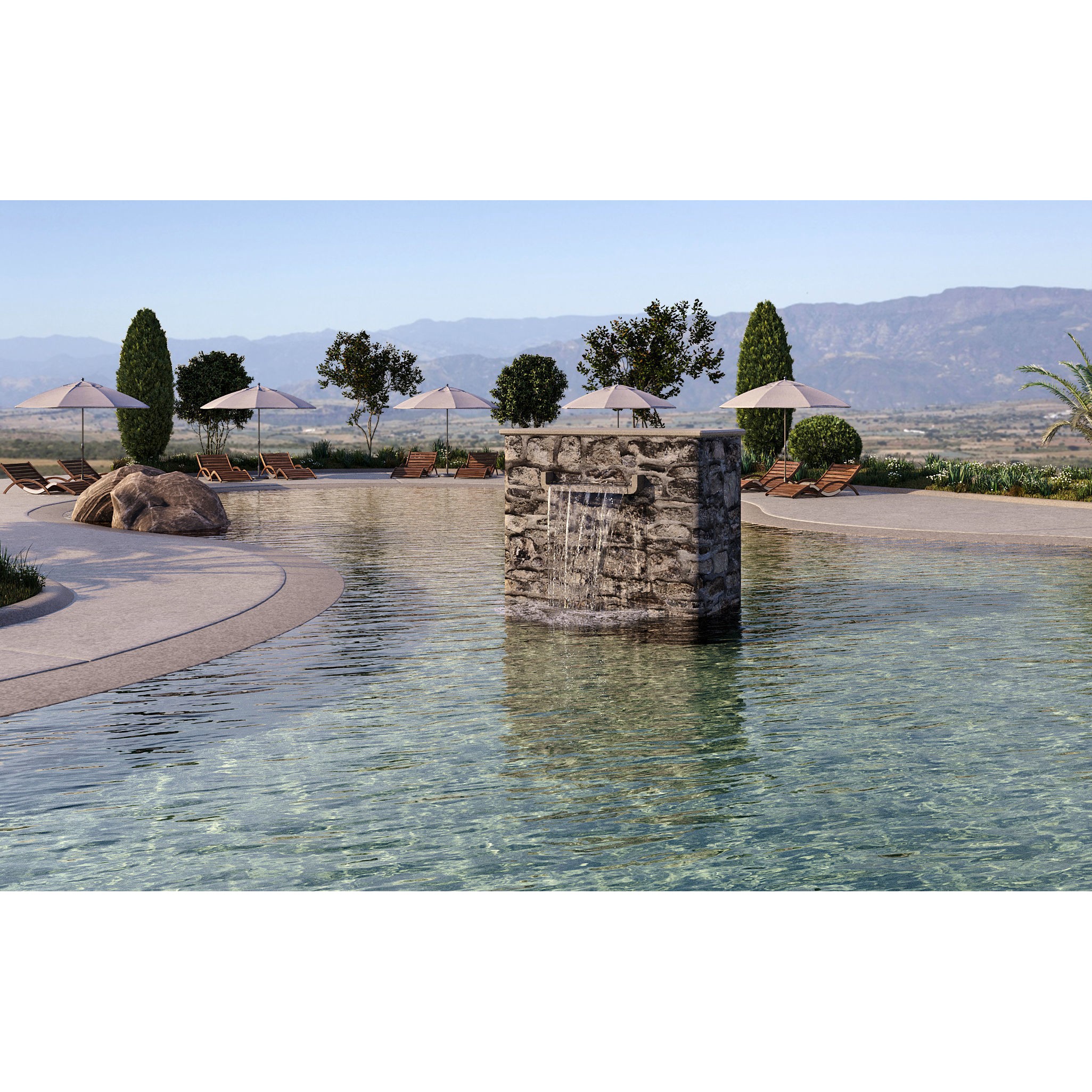 Swimming Pool 3D Model – Realistic Landscape with Loungers and Umbrellas - View 8