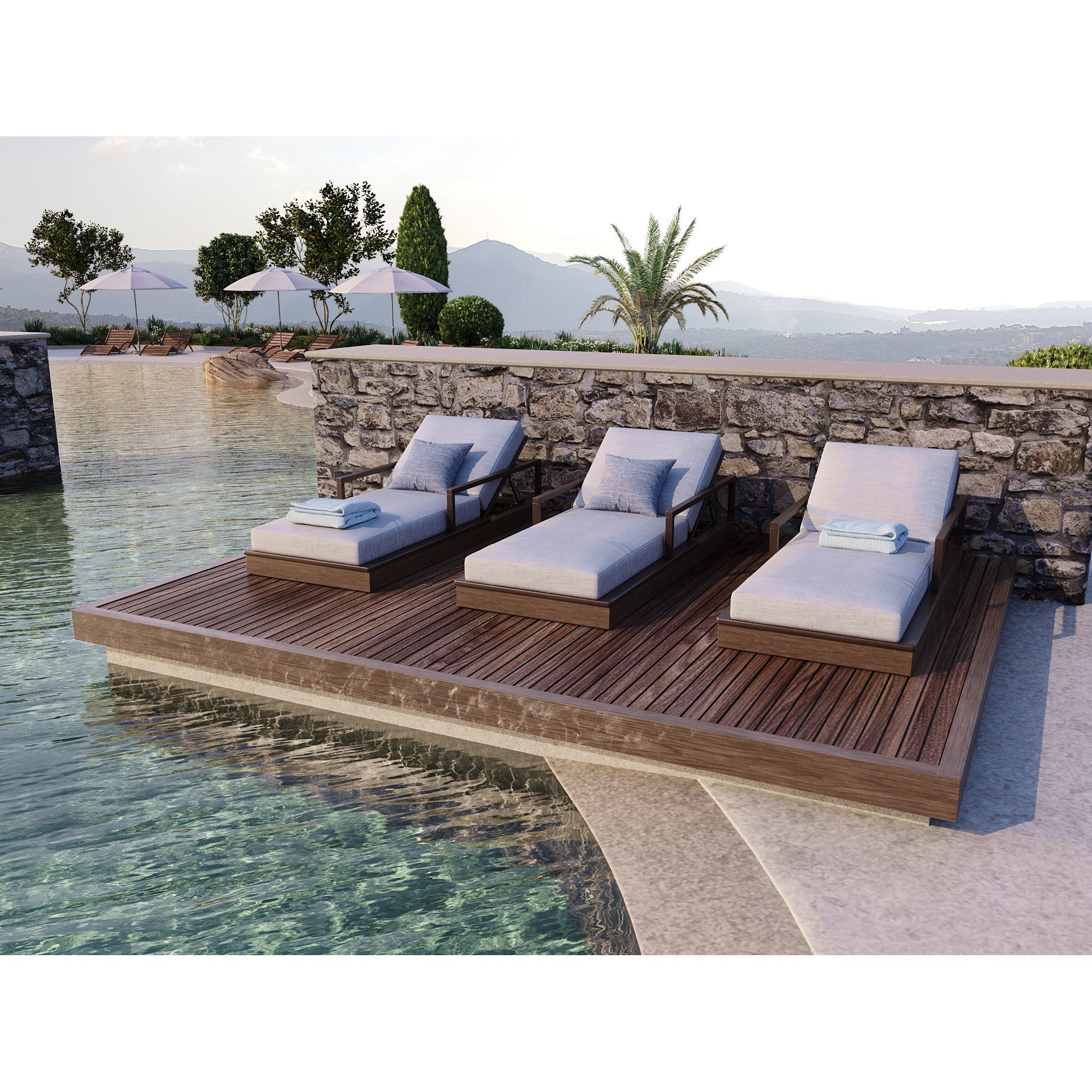 Swimming Pool 3D Model – Realistic Landscape with Loungers and Umbrellas - View 9