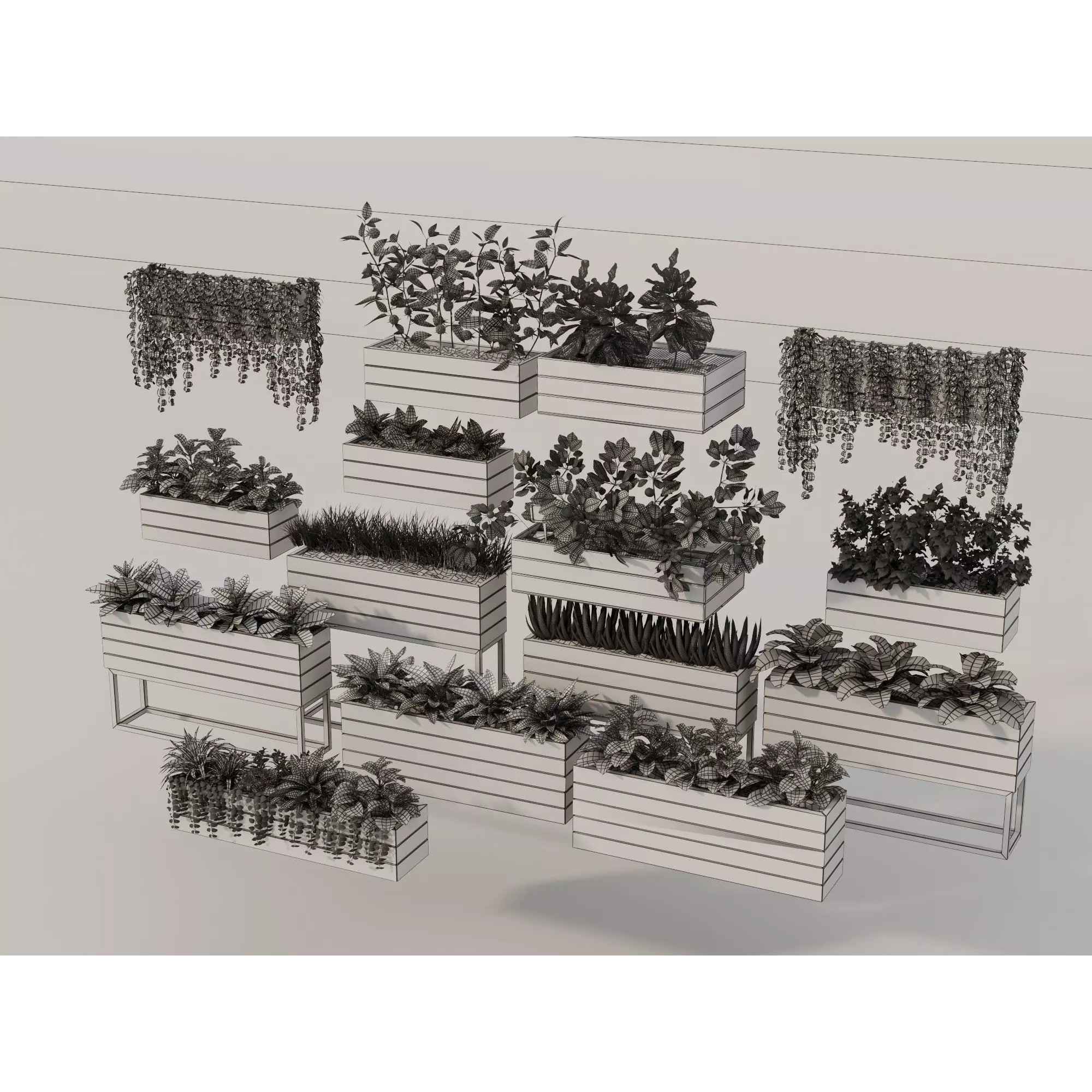 Home Plants 3D Model – Low Poly Modular Wooden Planters with Realistic Plants