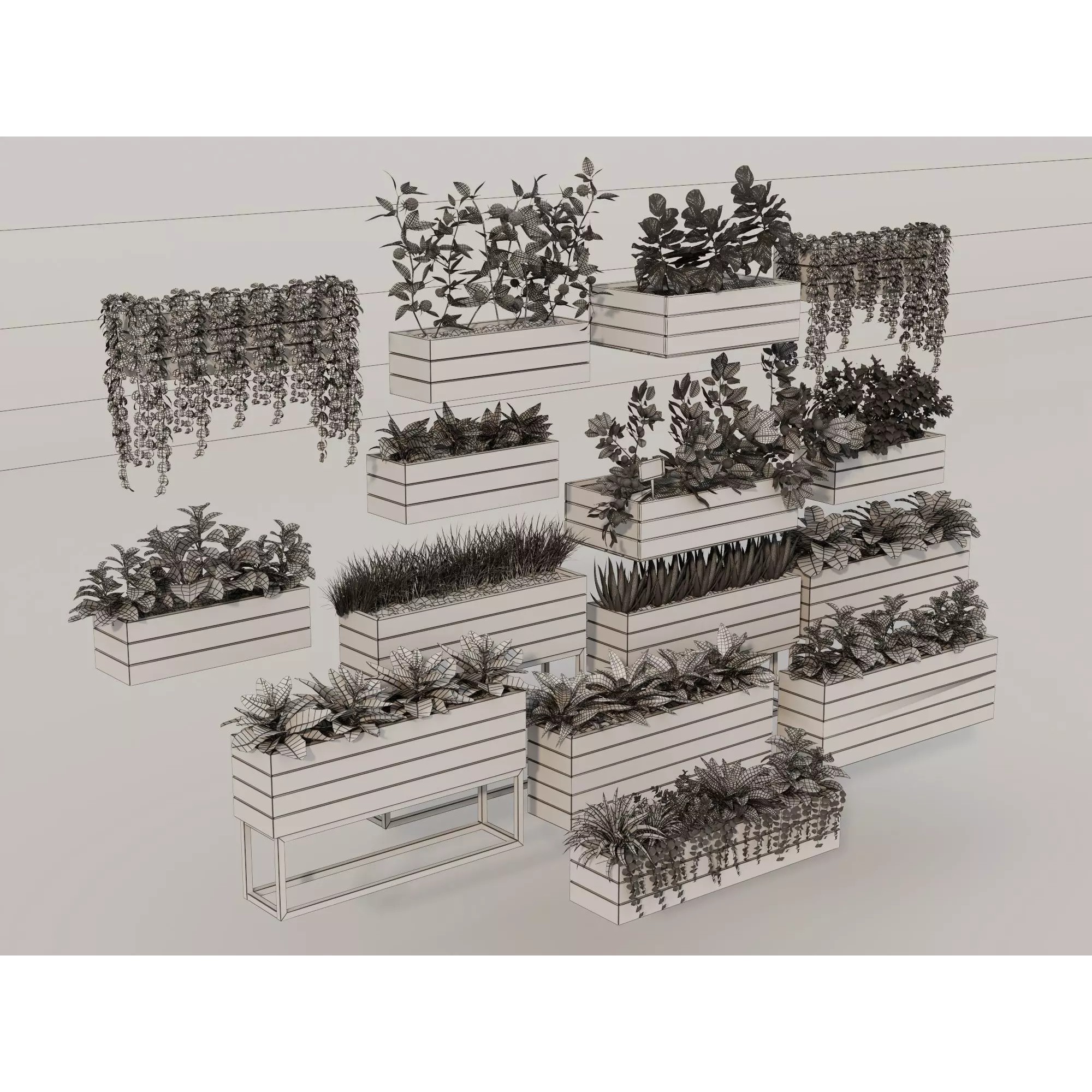 Home Plants 3D Model – Low Poly Modular Wooden Planters with Realistic Plants - View 18