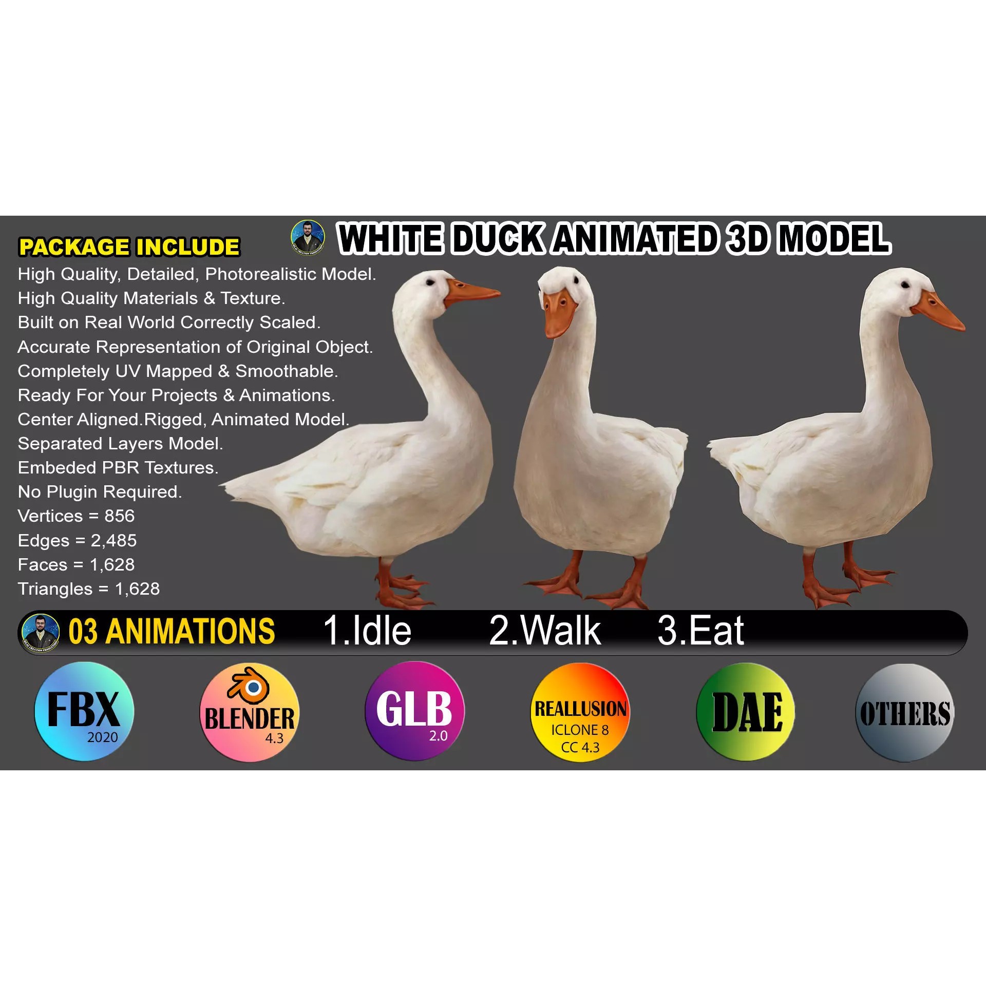 Duck 3D Model – Low Poly Rigged Animated Asset for Games - View 2