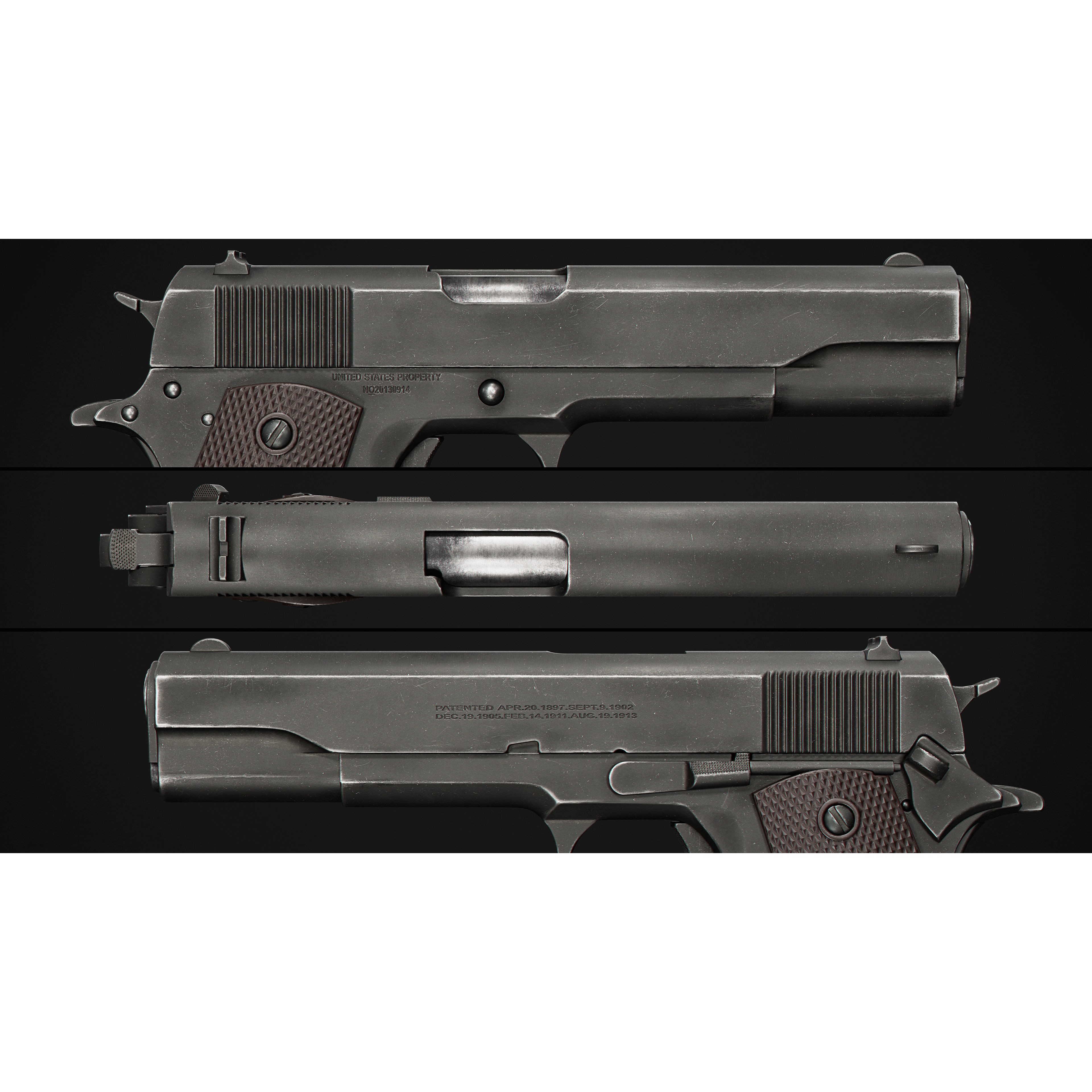 1911 Pistol 3D Model – Low Poly Game Asset, FBX & OBJ Formats - View 10