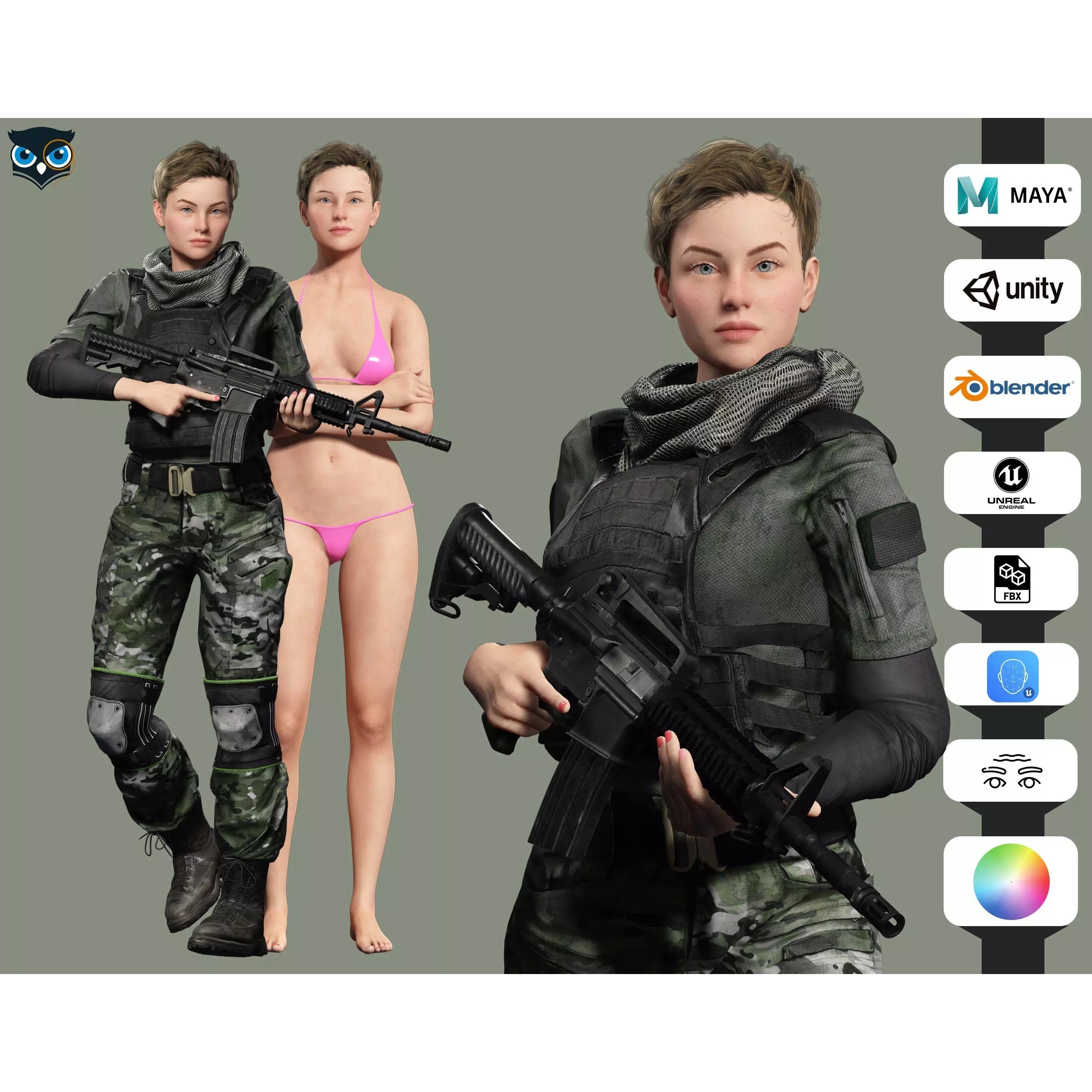 Amelia 3D Model – Low Poly Military Muse with Rigging and PBR Textures - View 2