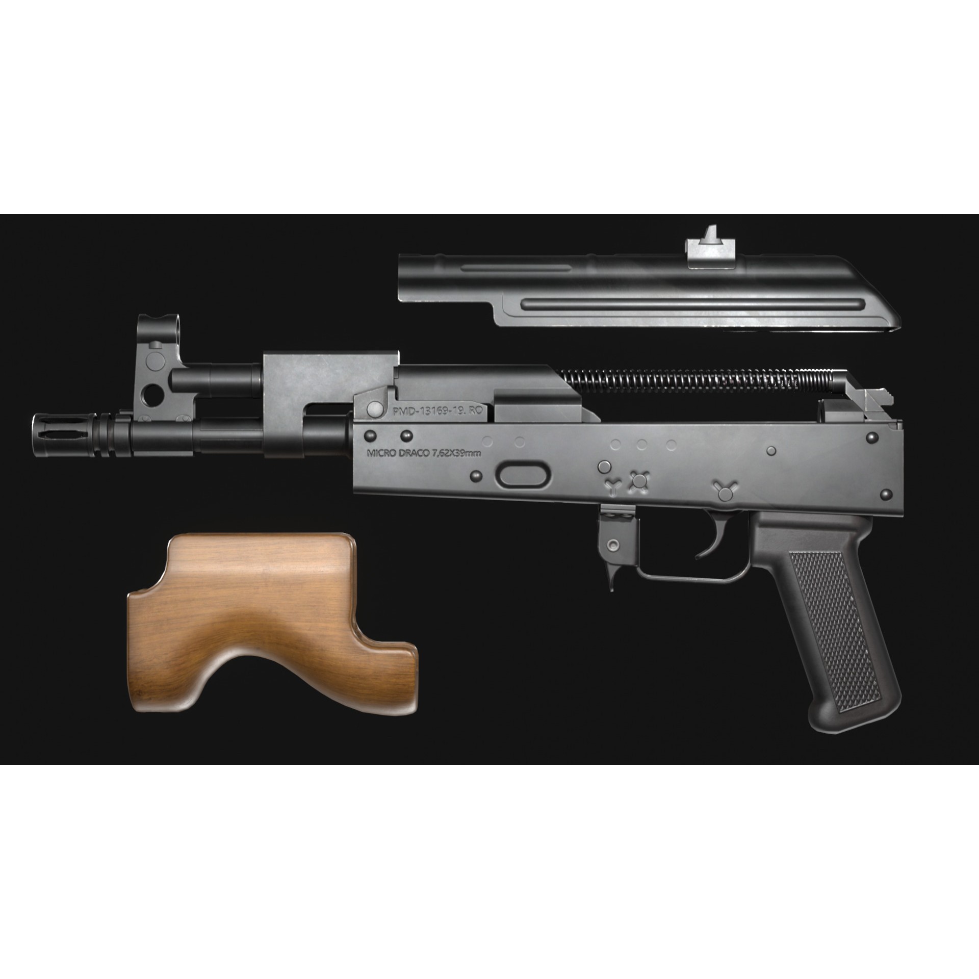 Micro Draco AK Pistol 3D Model – Low Poly Game Asset, FBX, Rigged - View 12