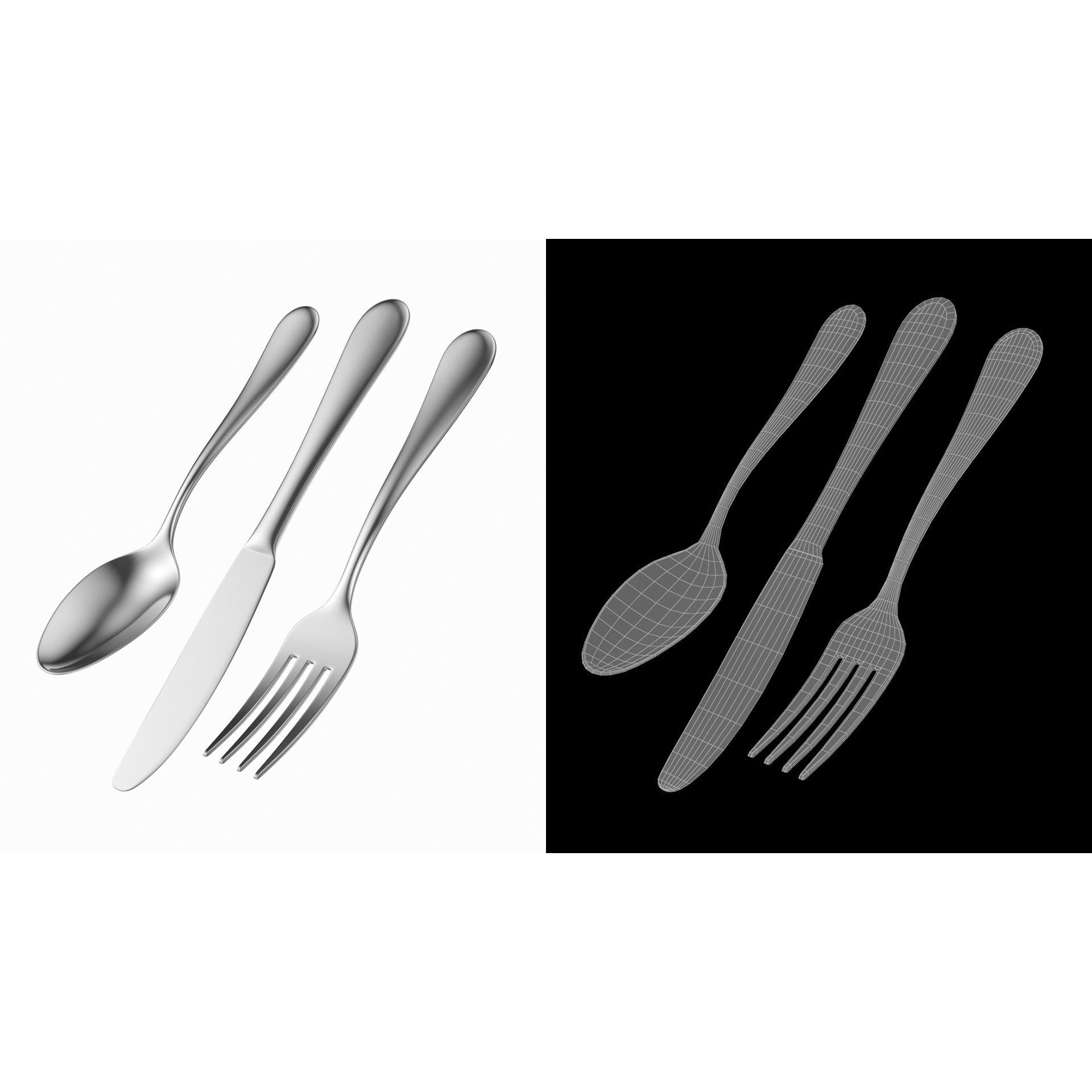 Cutlery 3D Model – Low Poly Dinner Knife, Fork, Spoon, FBX - View 3