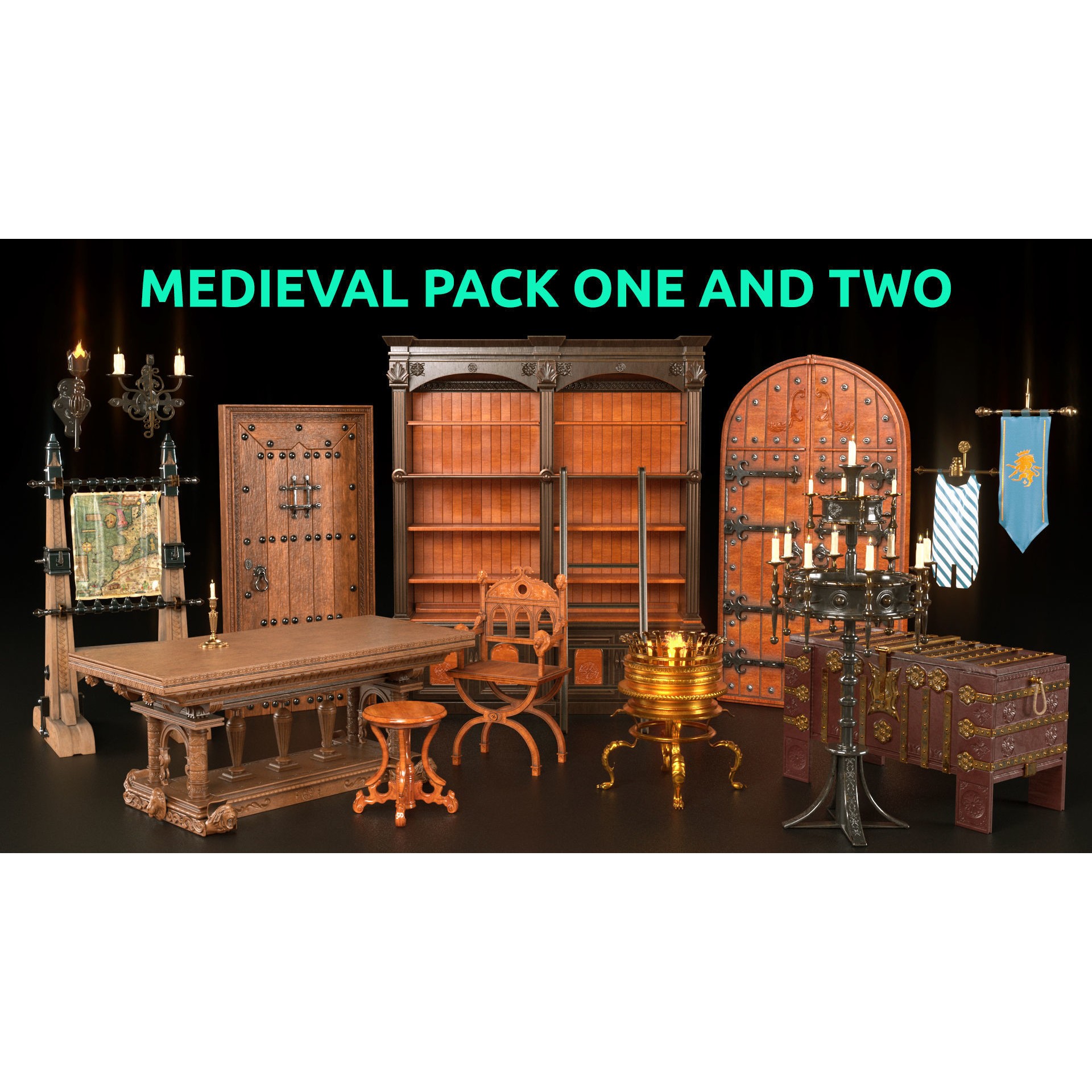 Medieval Furniture 3D Model – PBR Textured Game Asset, FBX, OBJ - View 3