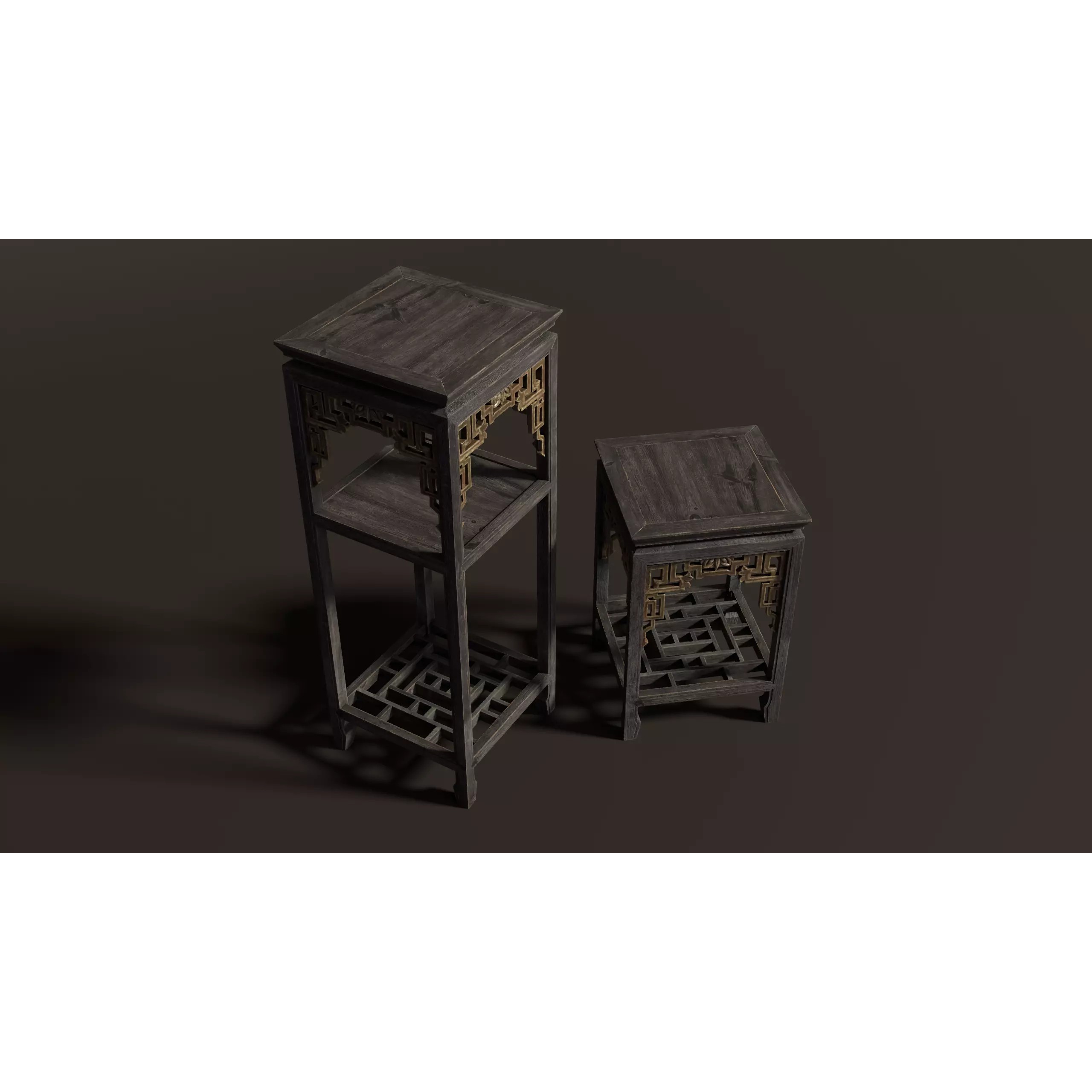 Chinese Wooden End Table 3D Model – Antique Low Poly Furniture, FBX, OBJ - View 2
