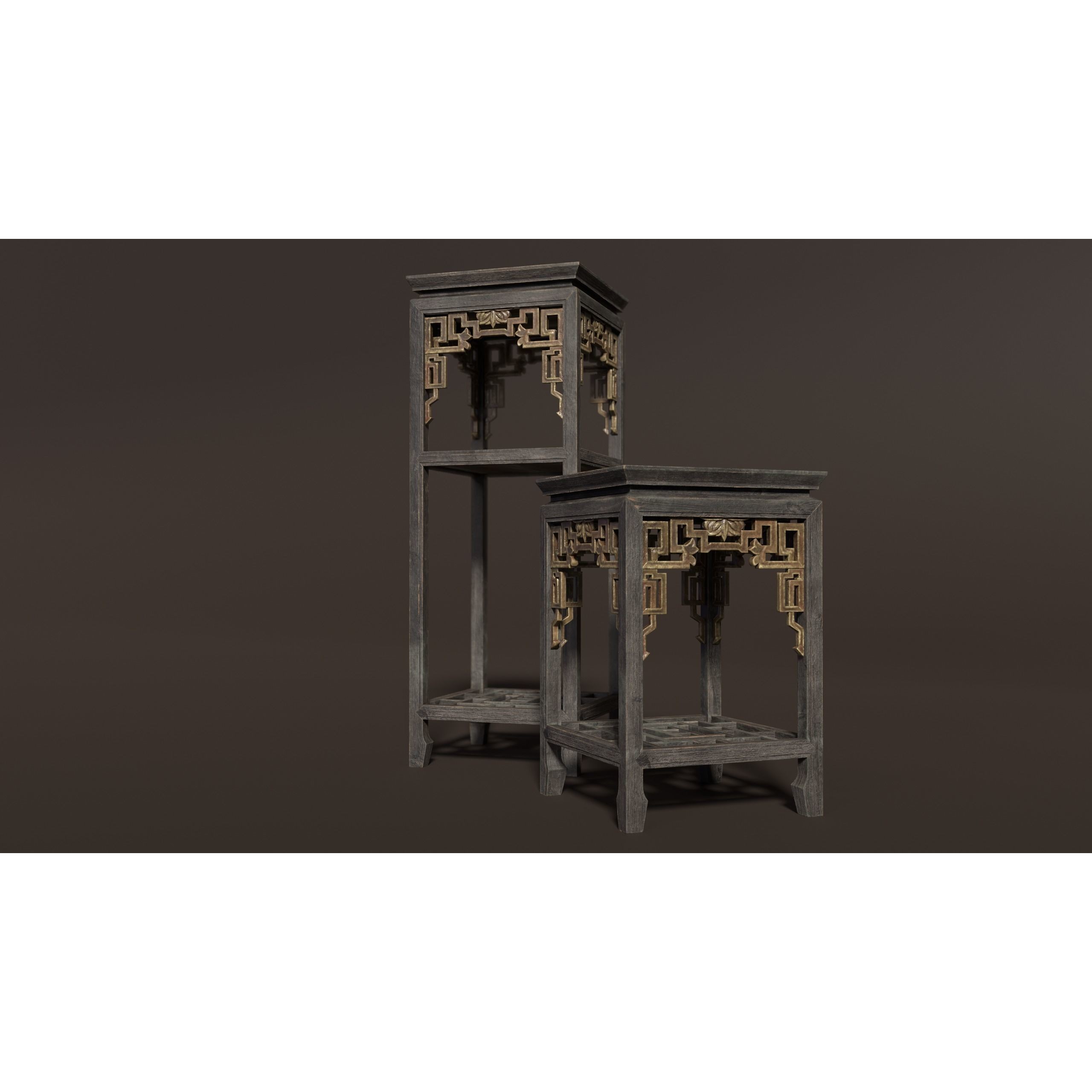 Chinese Wooden End Table 3D Model – Antique Low Poly Furniture, FBX, OBJ - View 3