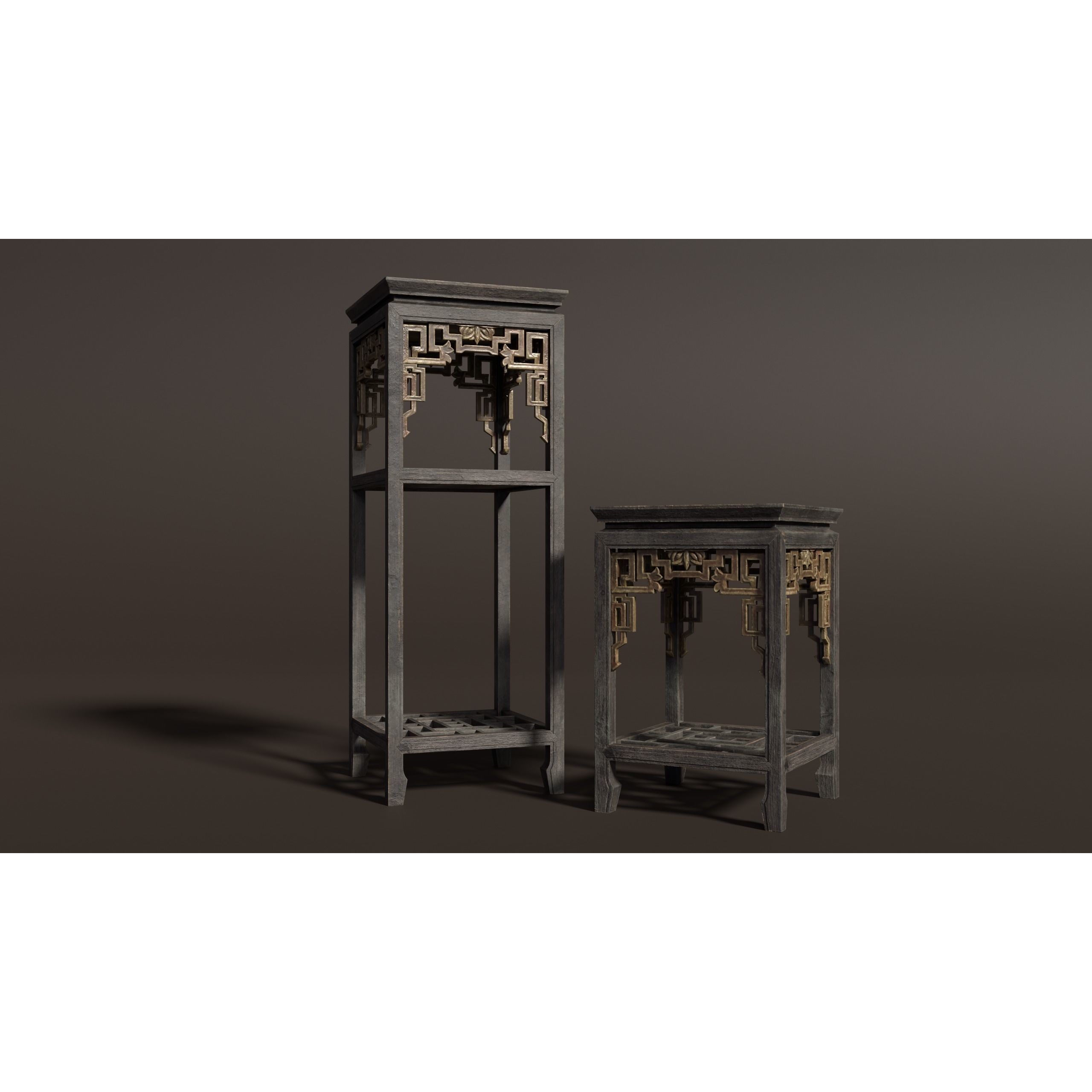 Chinese Wooden End Table 3D Model – Antique Low Poly Furniture, FBX, OBJ - View 5