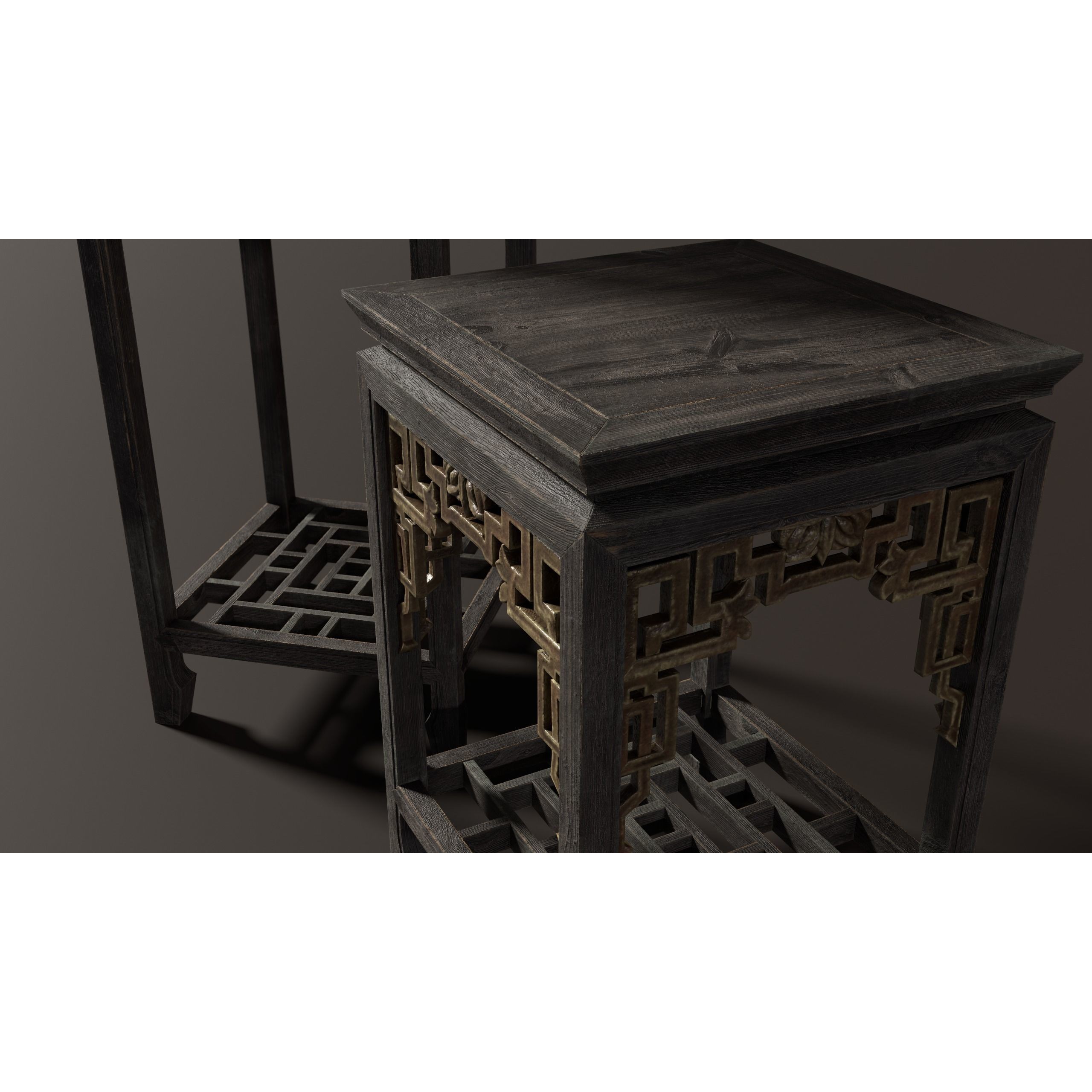 Chinese Wooden End Table 3D Model – Antique Low Poly Furniture, FBX, OBJ - View 7