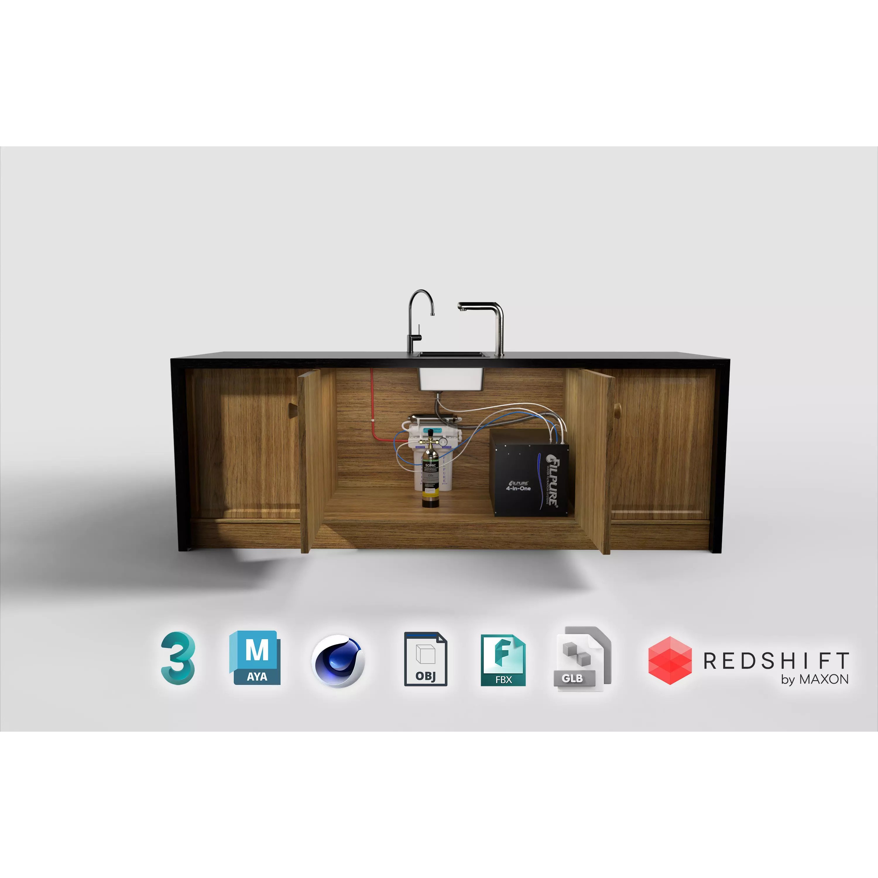 Kitchen Counter 3D Model – PBR Low Poly with Water Filter, FBX - View 2