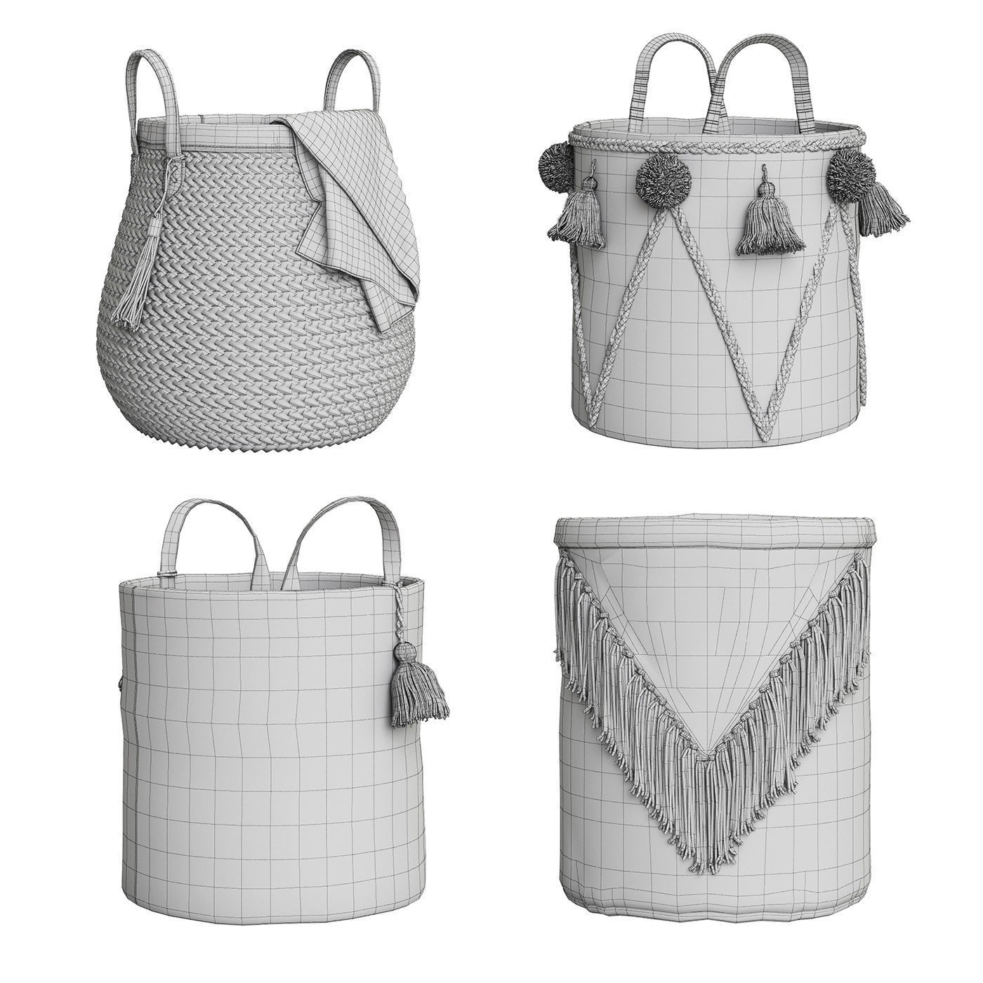 Wicker Baskets 3D Model – Set of Four Decorative Storage Baskets, FBX, OBJ