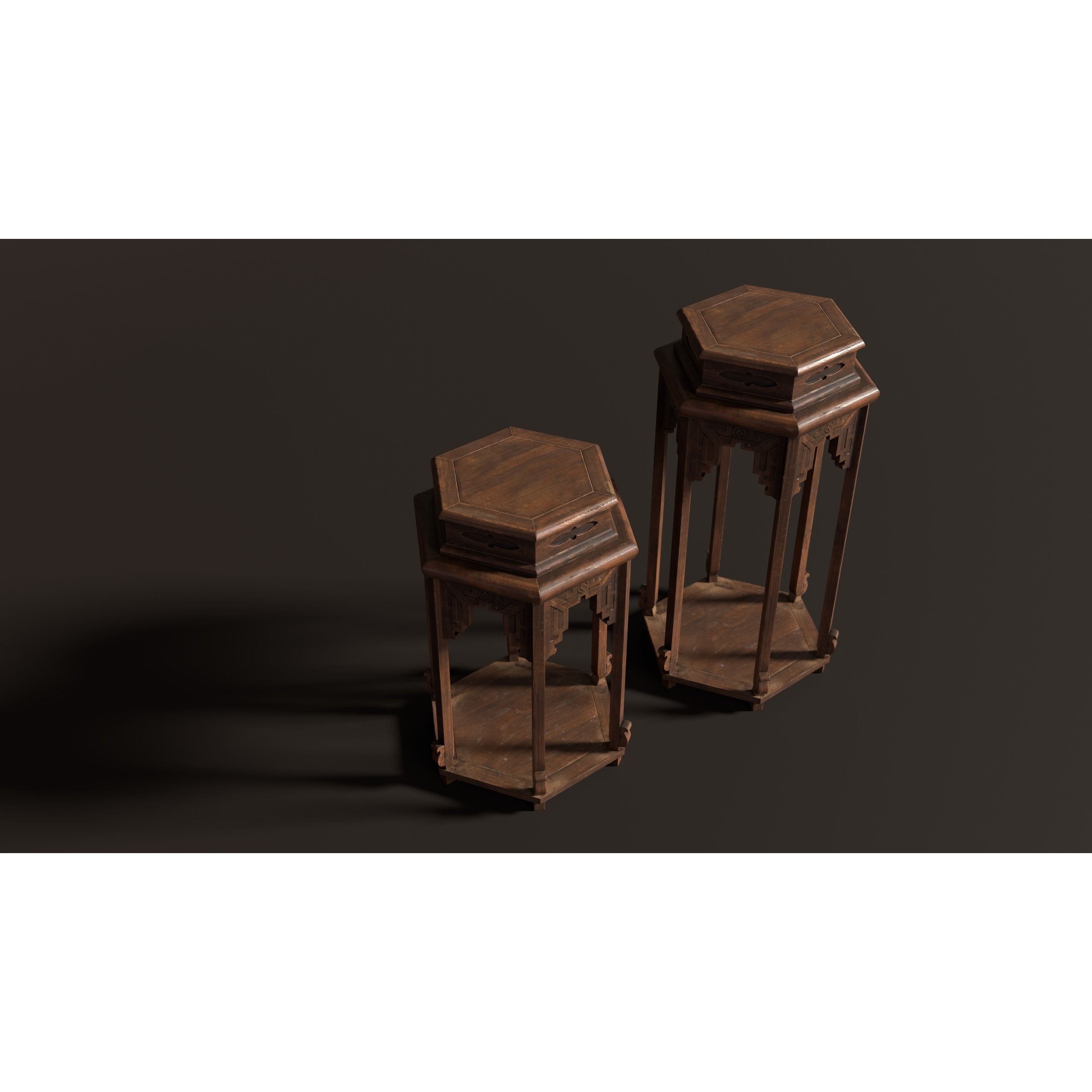 Chinese Wooden End Table 3D Model – Antique Low-Poly Furniture, FBX, OBJ - View 3