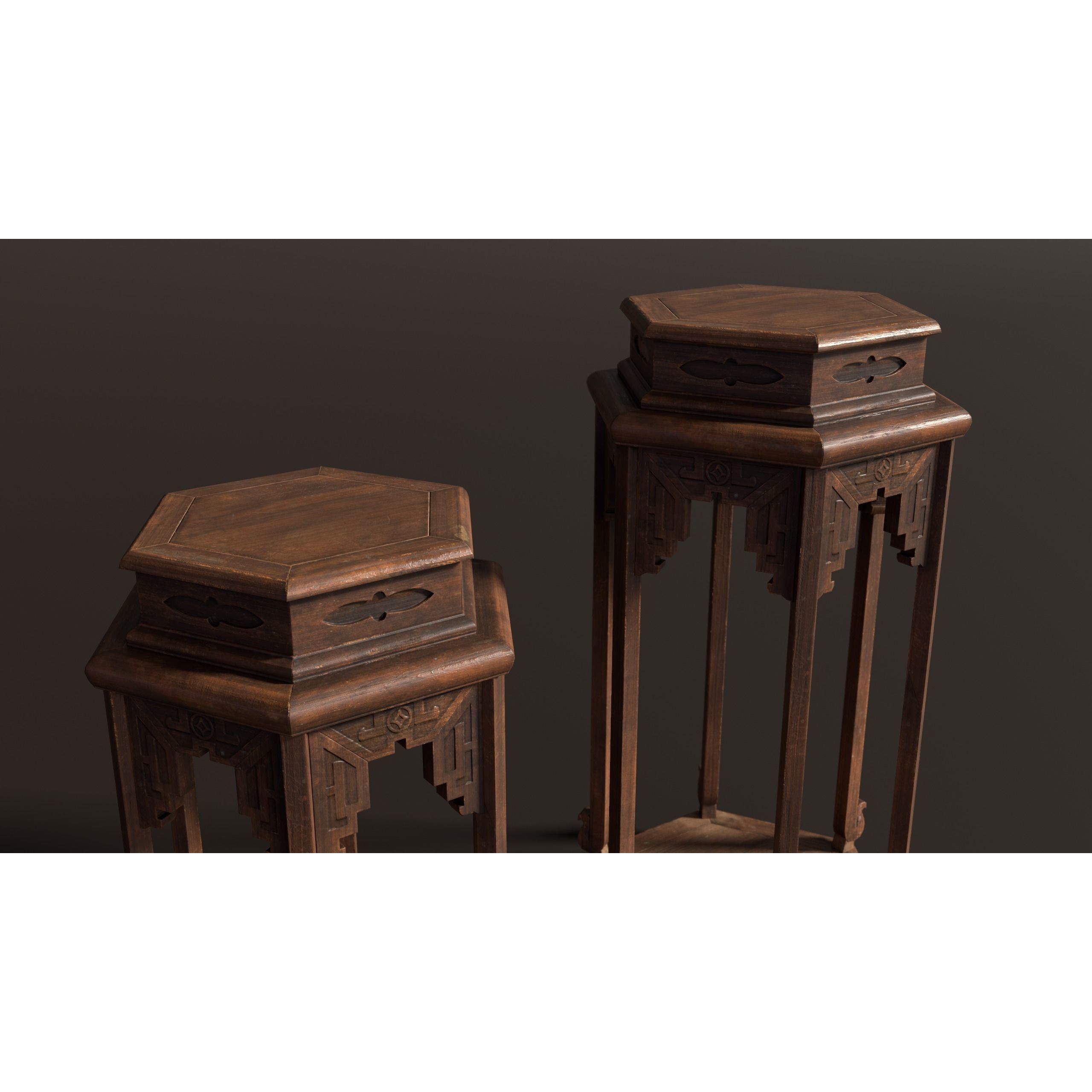 Chinese Wooden End Table 3D Model – Antique Low-Poly Furniture, FBX, OBJ - View 4