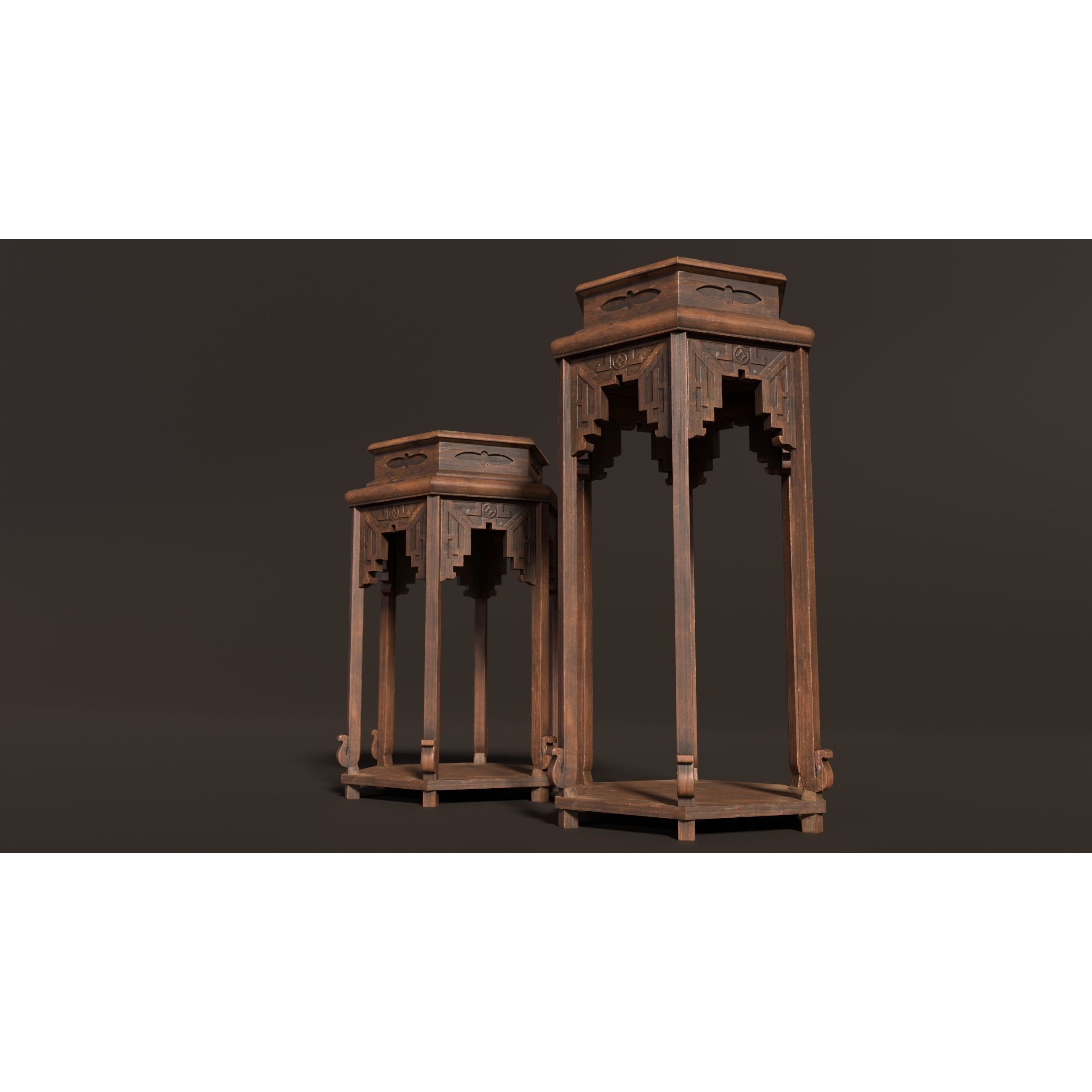 Chinese Wooden End Table 3D Model – Antique Low-Poly Furniture, FBX, OBJ - View 7
