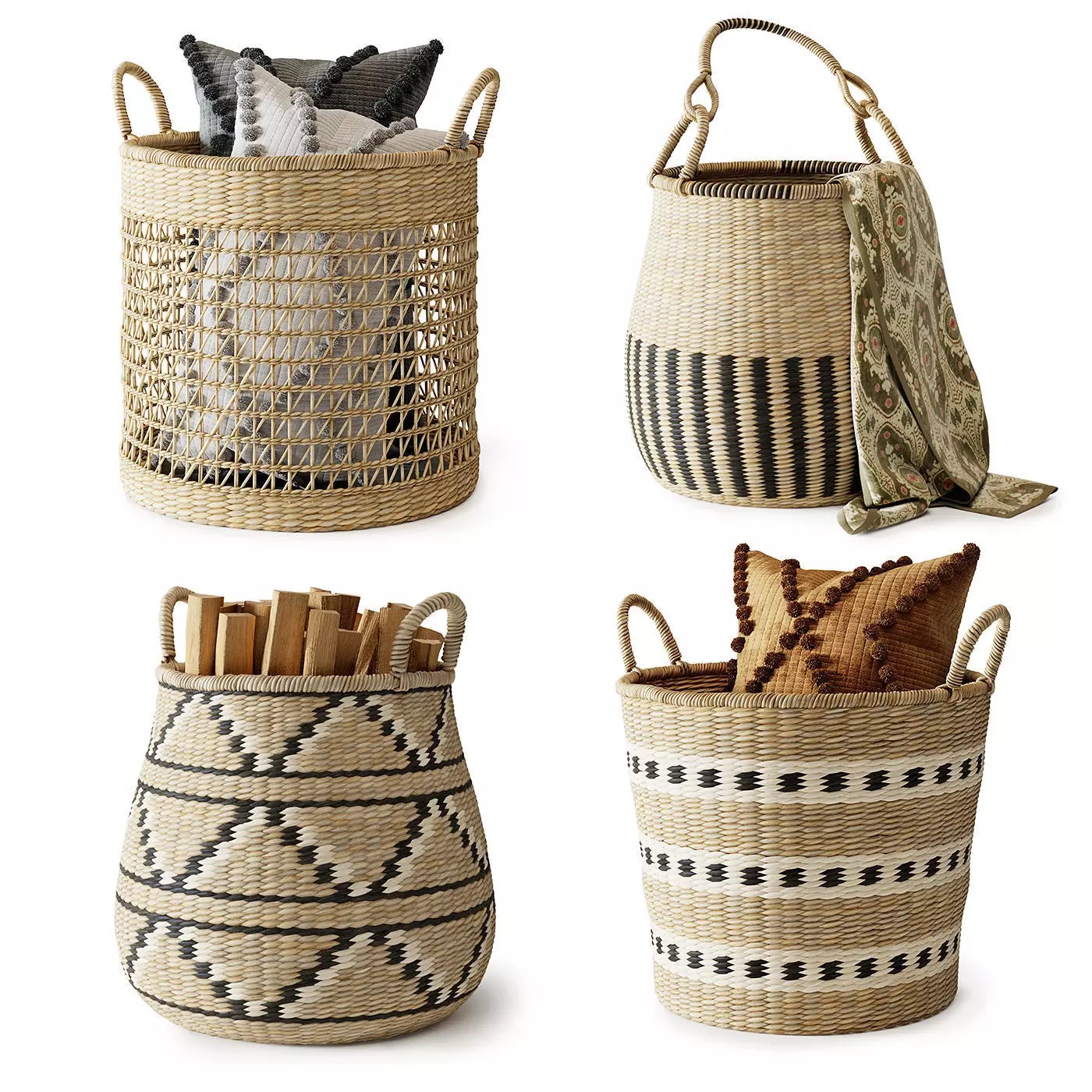 Wicker Baskets Set 3D Model – Natural Decor for Storage, FBX, OBJ - View 2