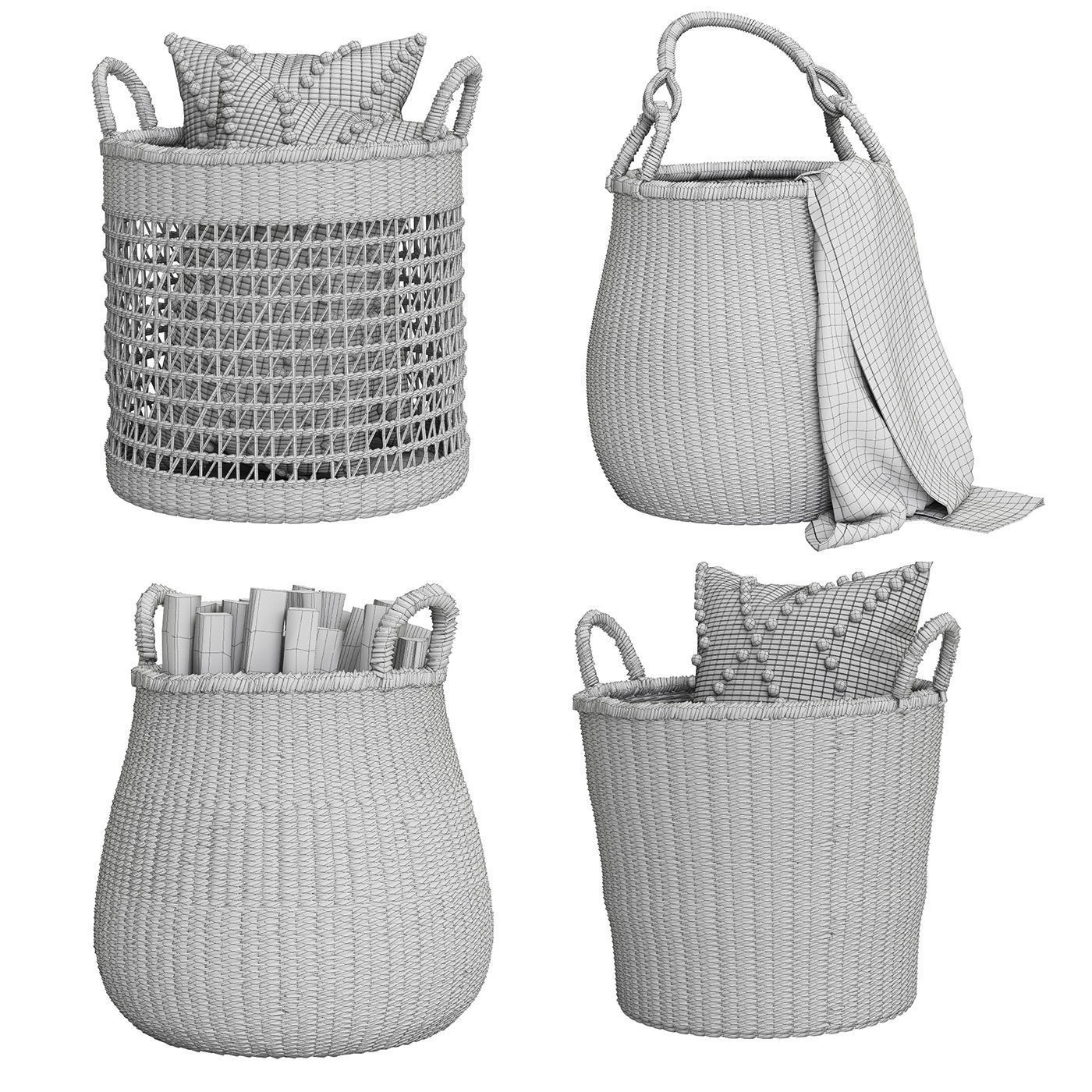 Wicker Baskets Set 3D Model – Natural Decor for Storage, FBX, OBJ - View 7