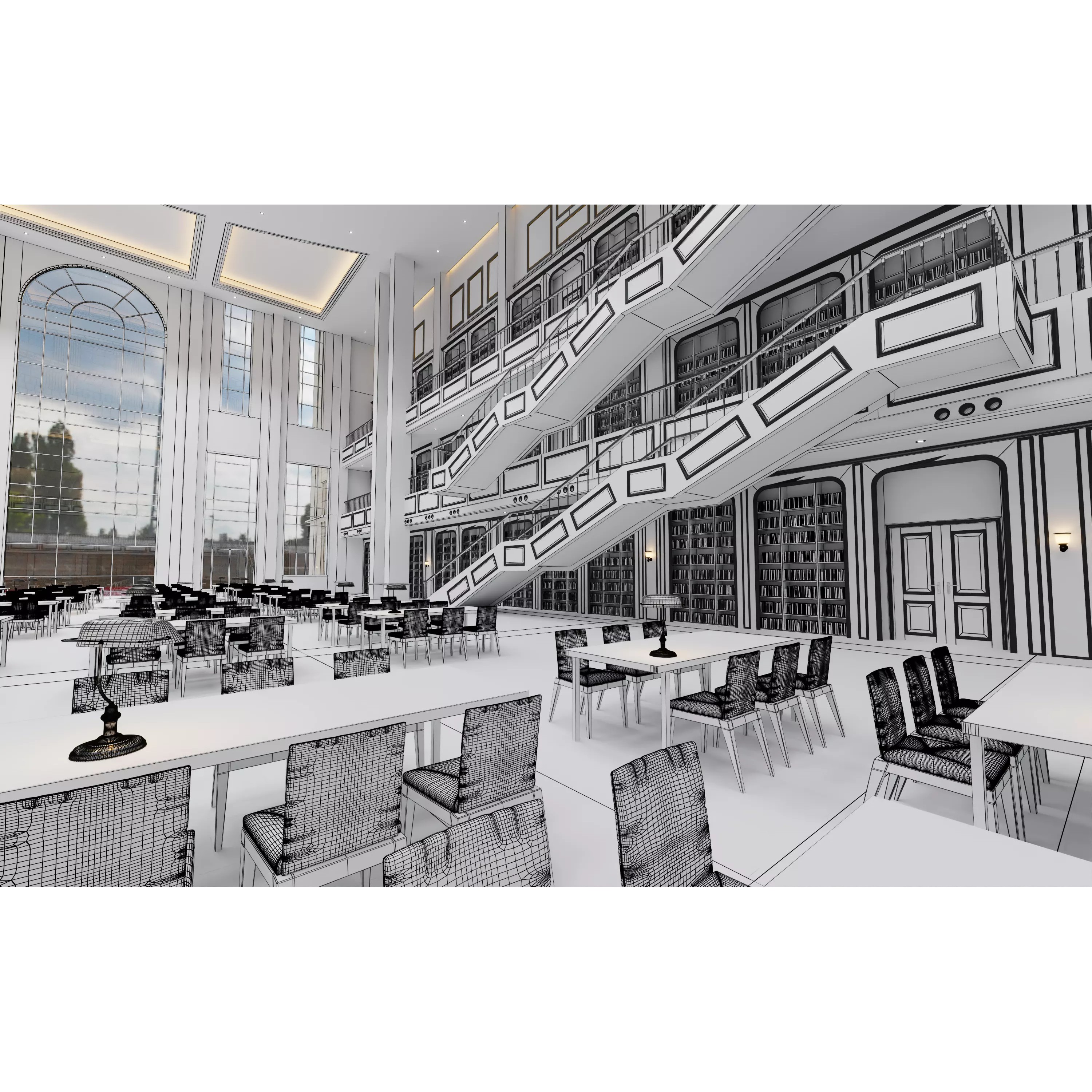 Classic Grand Library Interior - Ready-to-Render 3D Model - View 14
