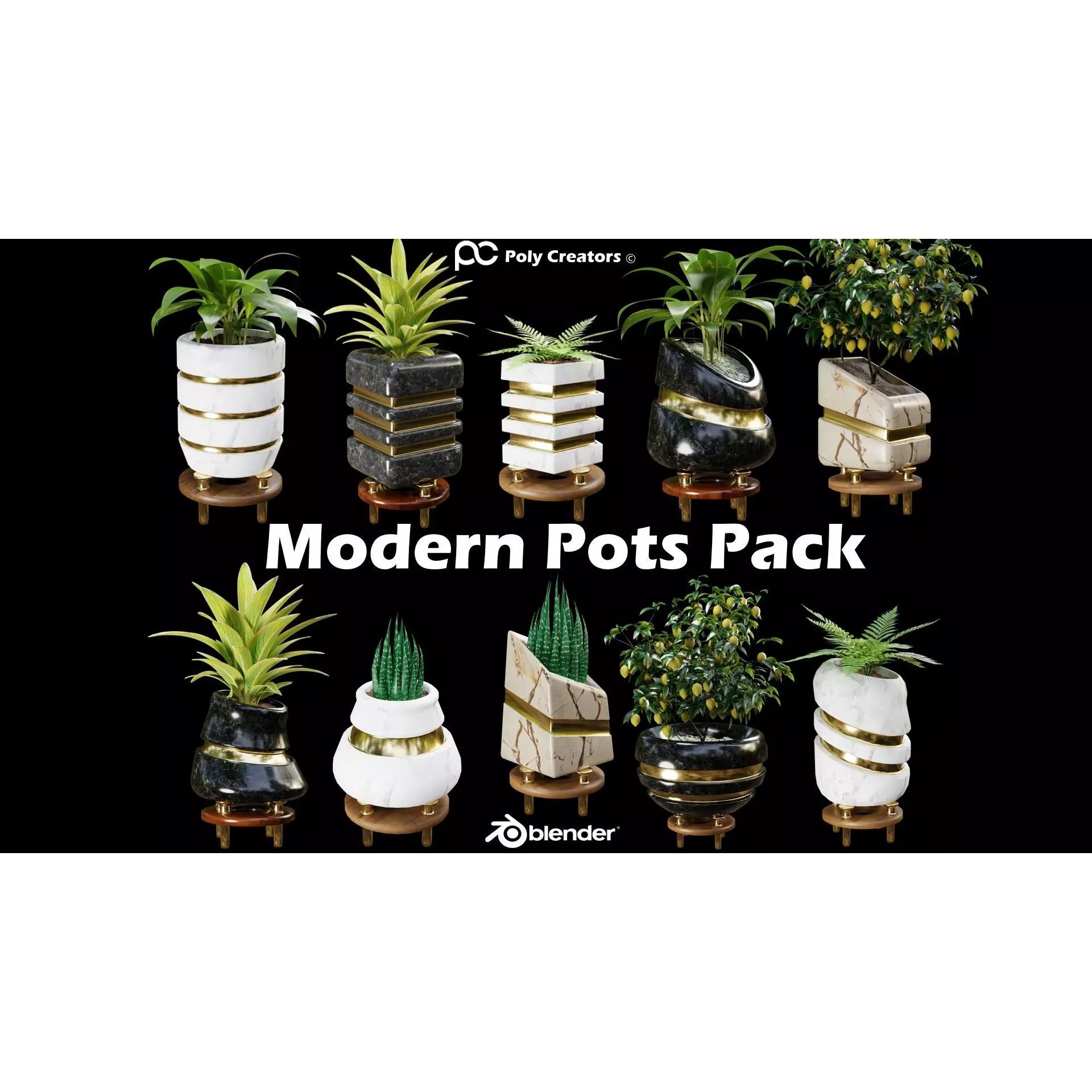 Modern Pots 3D Model – Low Poly Collection with PBR Textures, FBX, OBJ - View 2