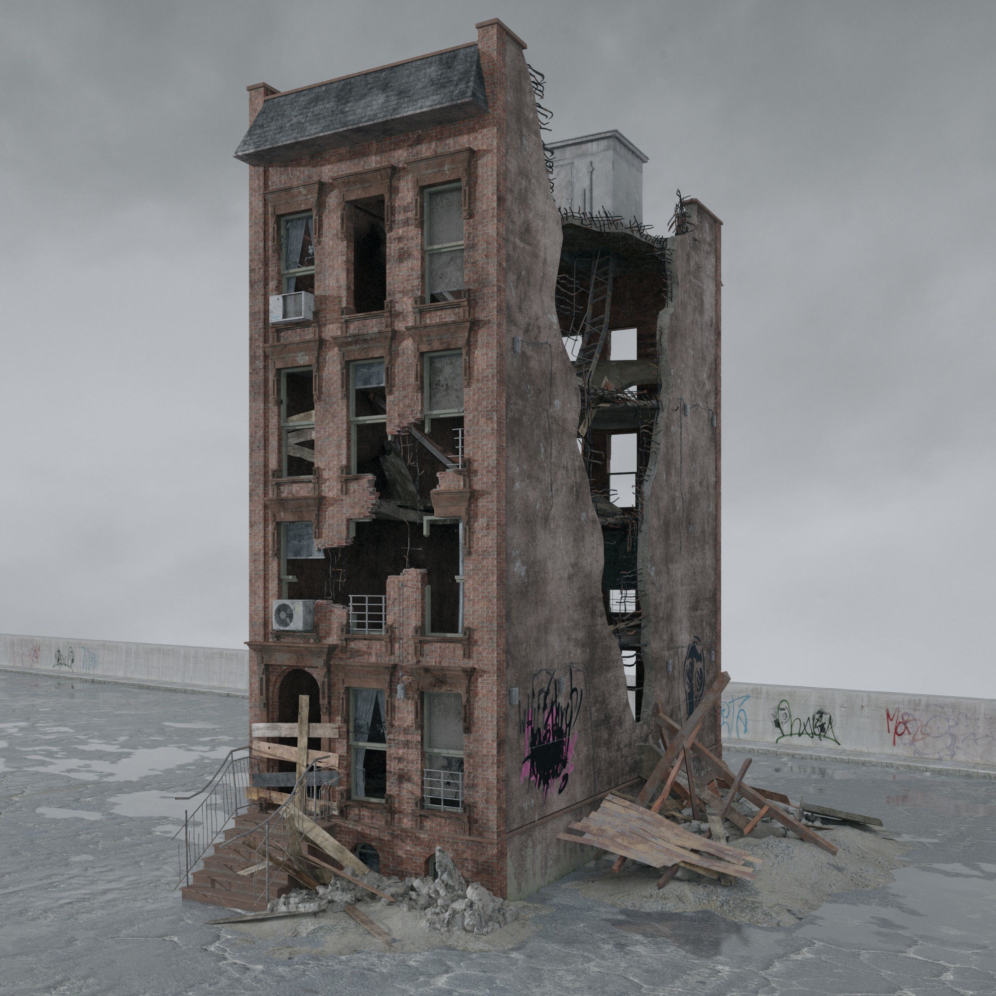 Post Apocalyptic Buildings 3D Model – High Quality PBR Textures, FBX - View 10