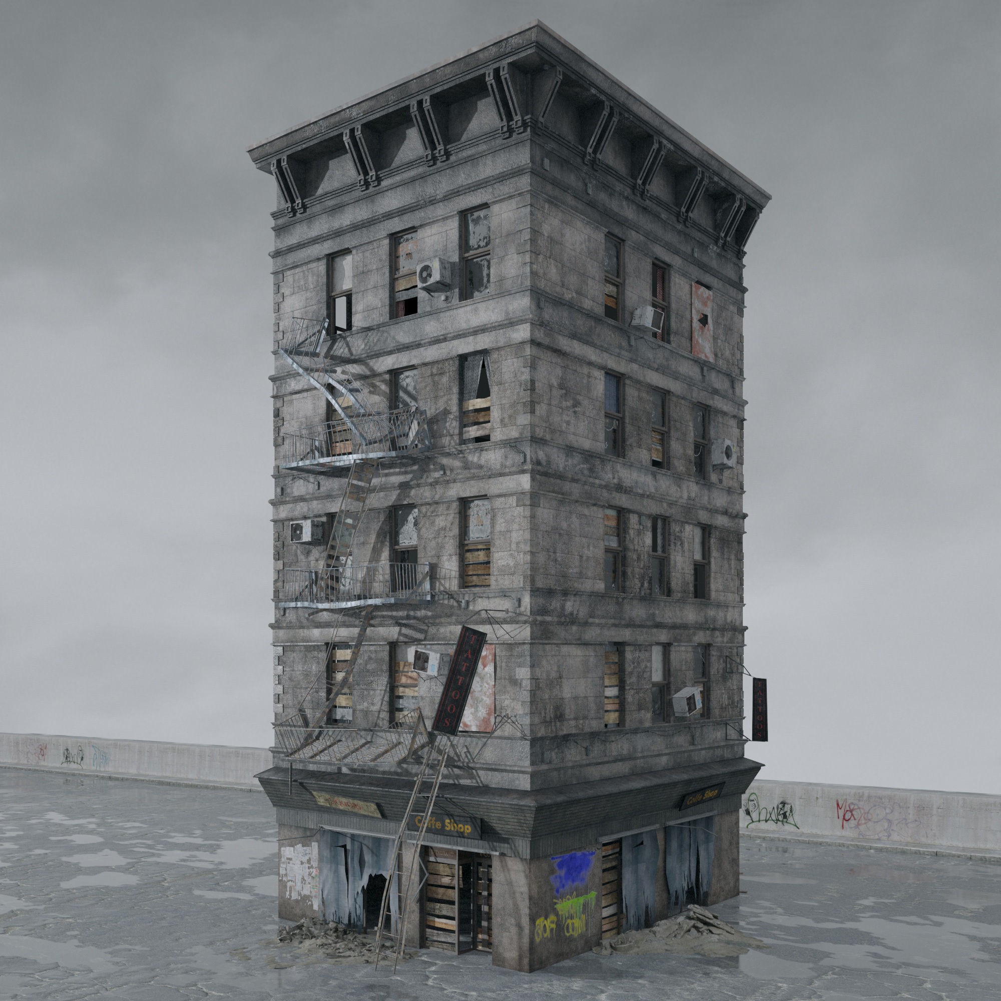 Post Apocalyptic Buildings 3D Model – High Quality PBR Textures, FBX - View 12