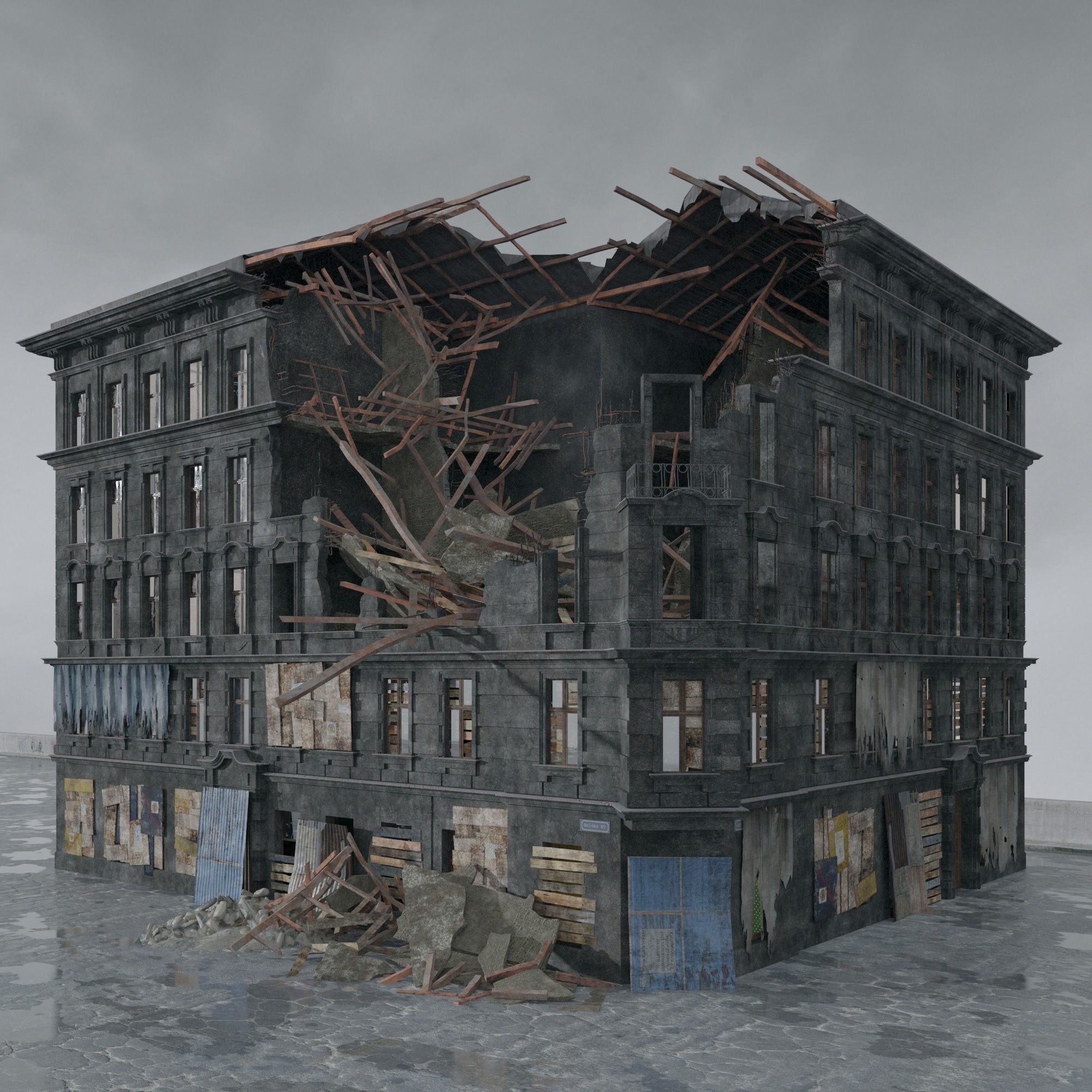 Post Apocalyptic Buildings 3D Model – High Quality PBR Textures, FBX - View 14