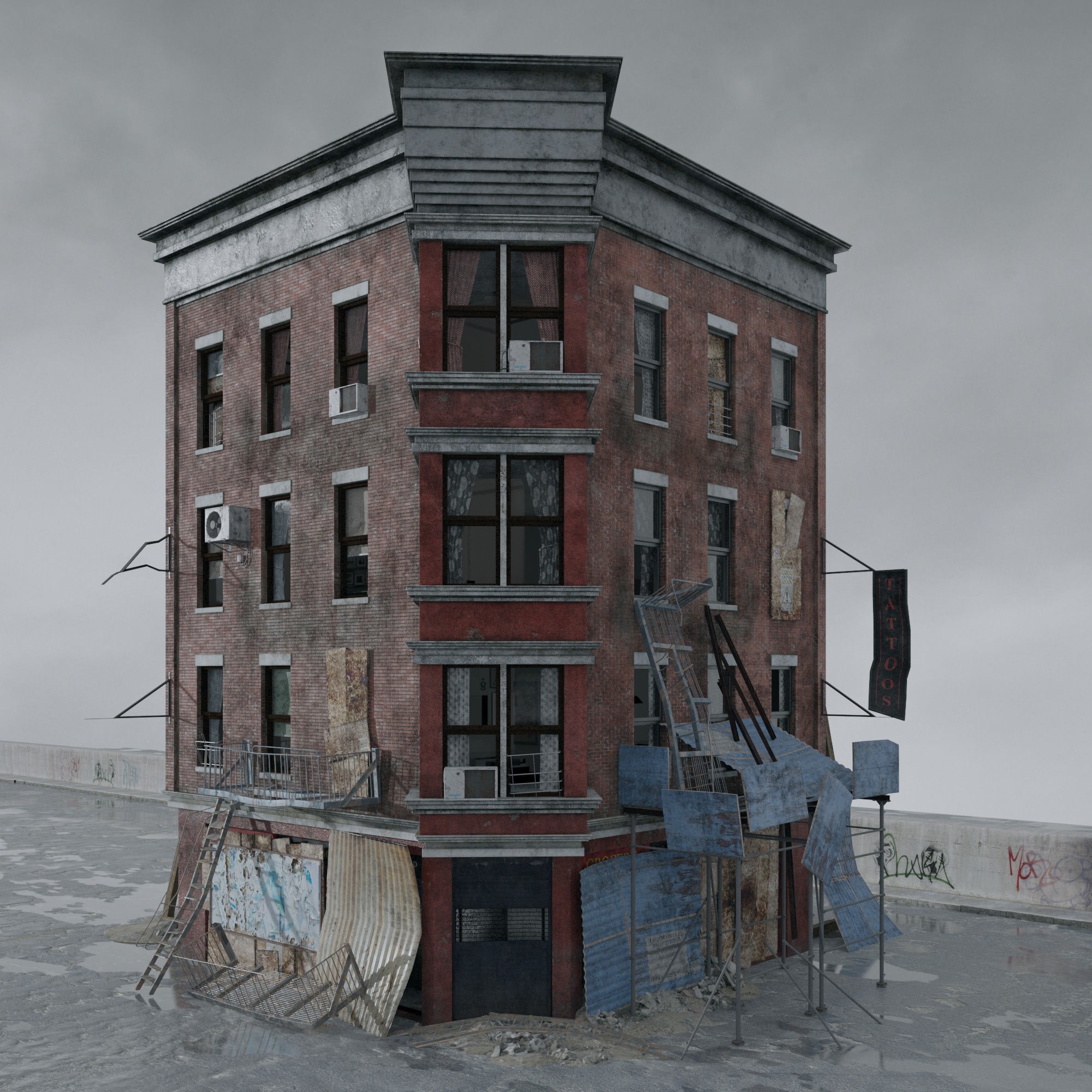 Post Apocalyptic Buildings 3D Model – High Quality PBR Textures, FBX - View 22