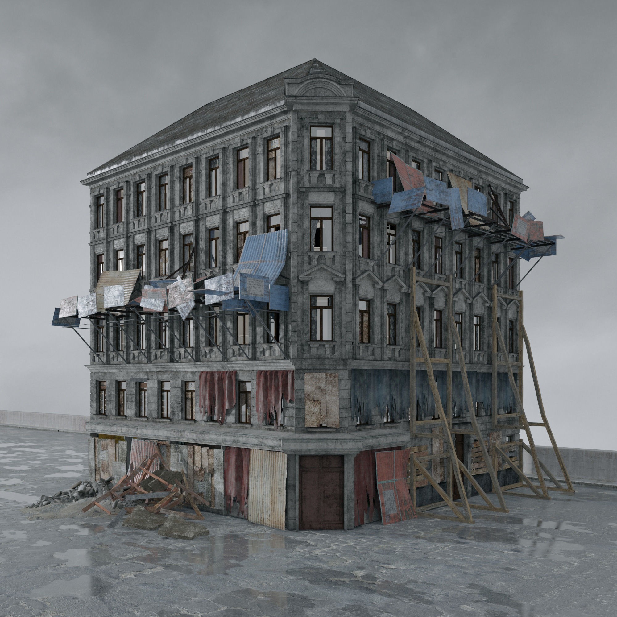 Post Apocalyptic Buildings 3D Model – High Quality PBR Textures, FBX - View 26