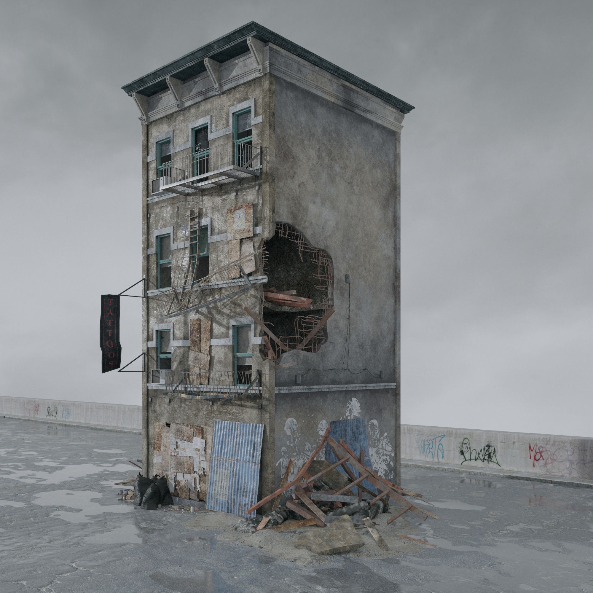 Post Apocalyptic Buildings 3D Model – High Quality PBR Textures, FBX - View 28