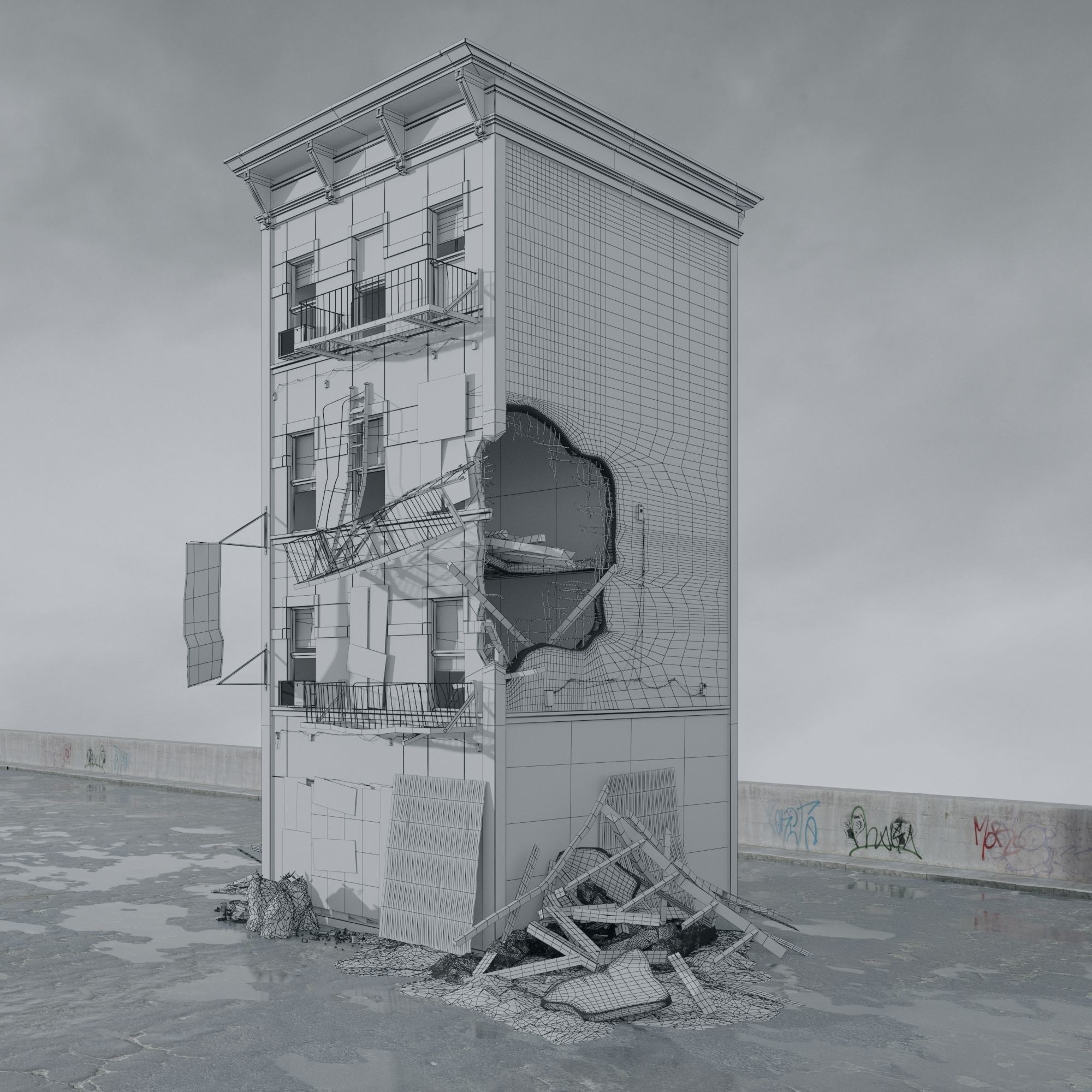 Post Apocalyptic Buildings 3D Model – High Quality PBR Textures, FBX - View 29