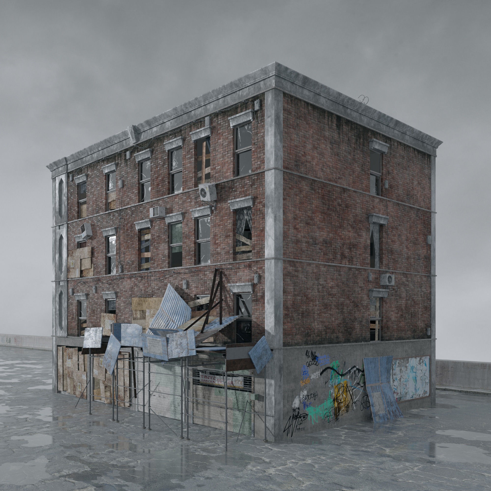 Post Apocalyptic Buildings 3D Model – High Quality PBR Textures, FBX - View 4