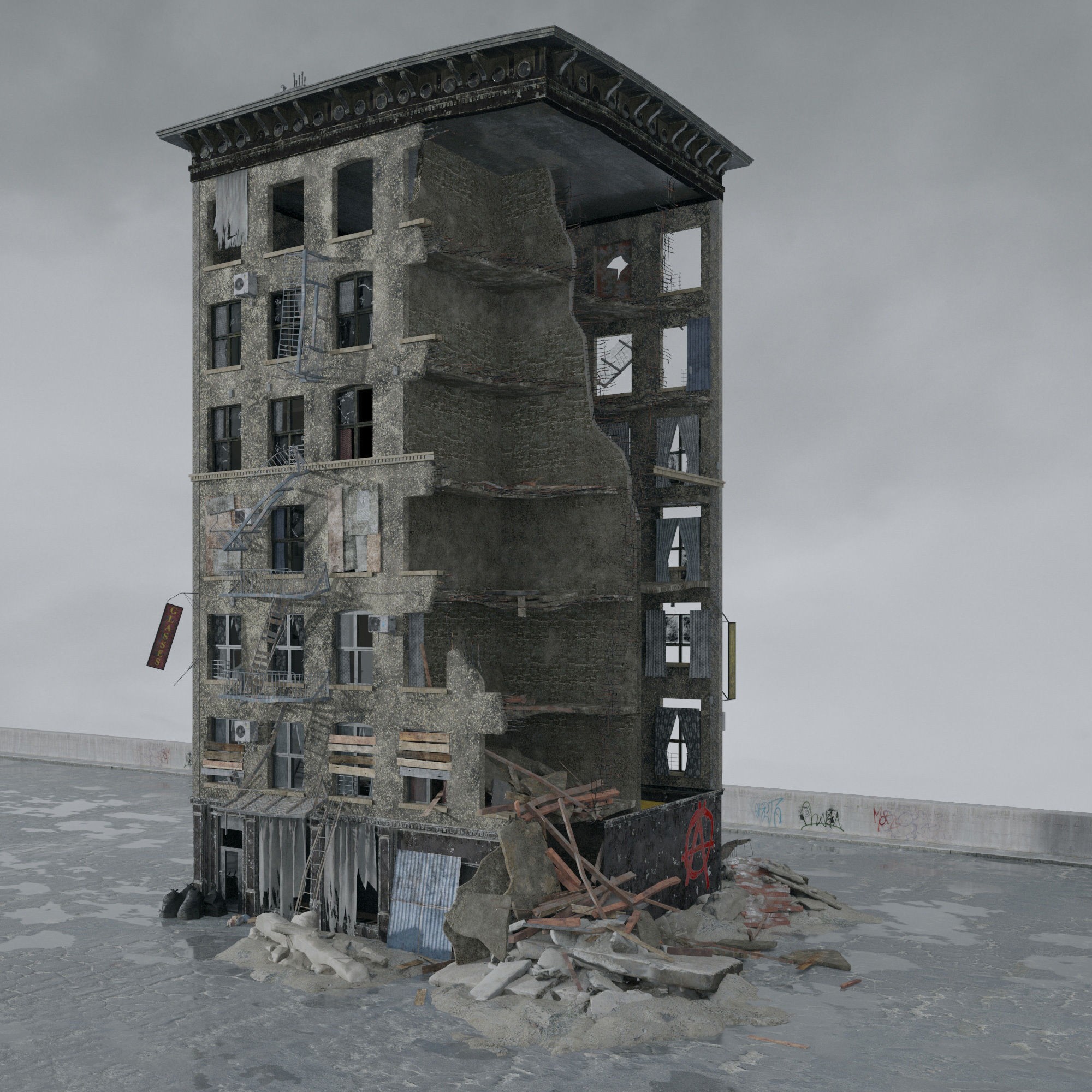 Post Apocalyptic Buildings 3D Model – High Quality PBR Textures, FBX - View 48