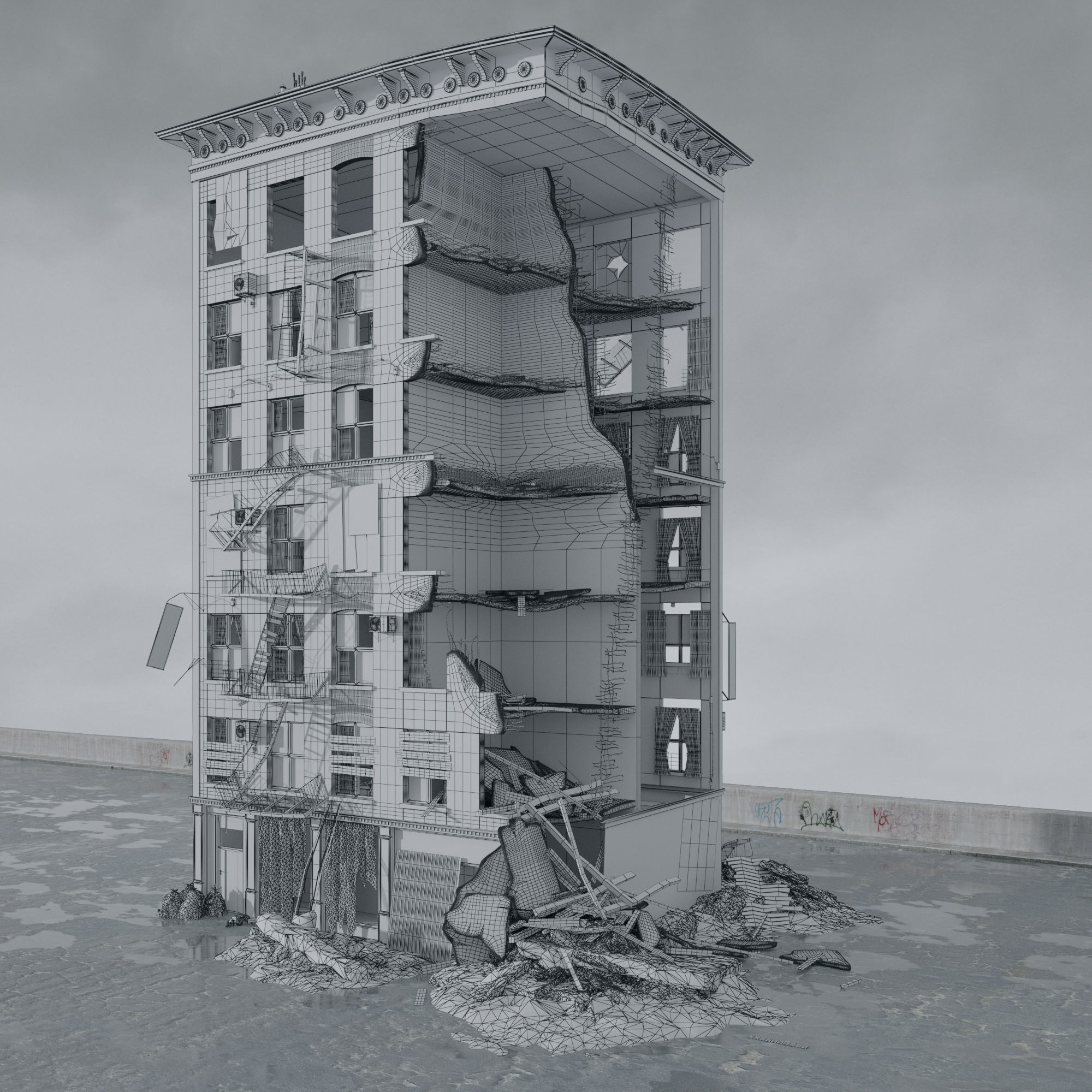 Post Apocalyptic Buildings 3D Model – High Quality PBR Textures, FBX - View 49