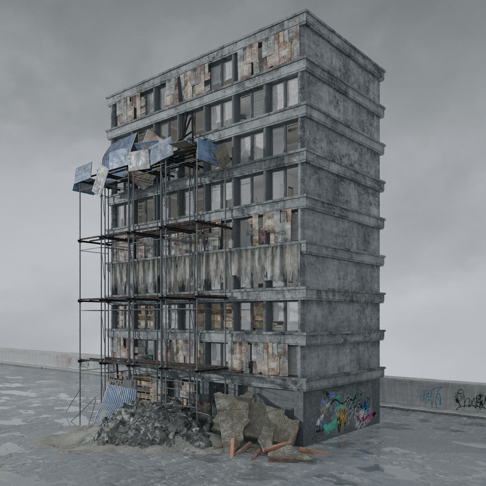 Post Apocalyptic Buildings 3D Model – High Quality PBR Textures, FBX - View 50