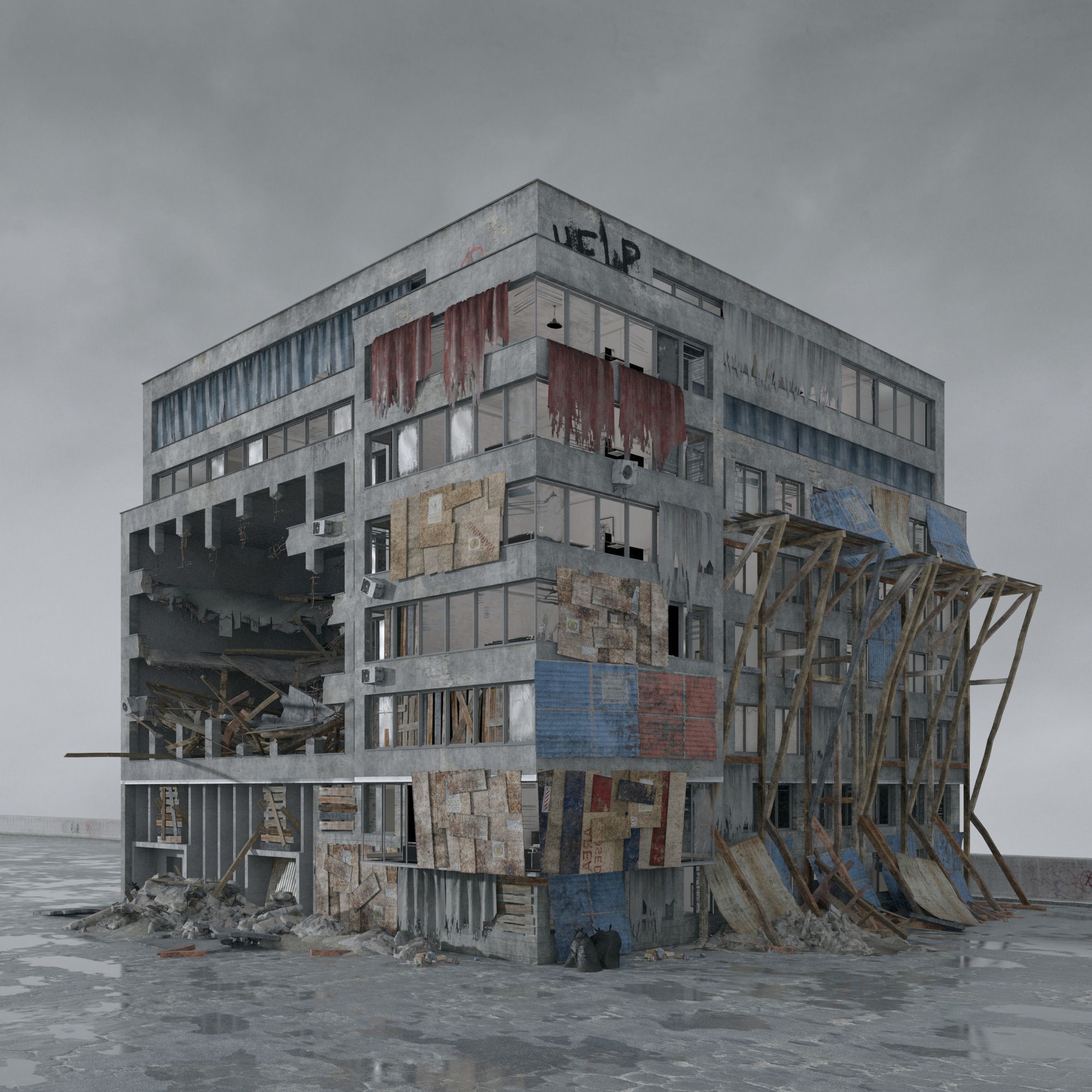 Post Apocalyptic Buildings 3D Model – High Quality PBR Textures, FBX - View 58