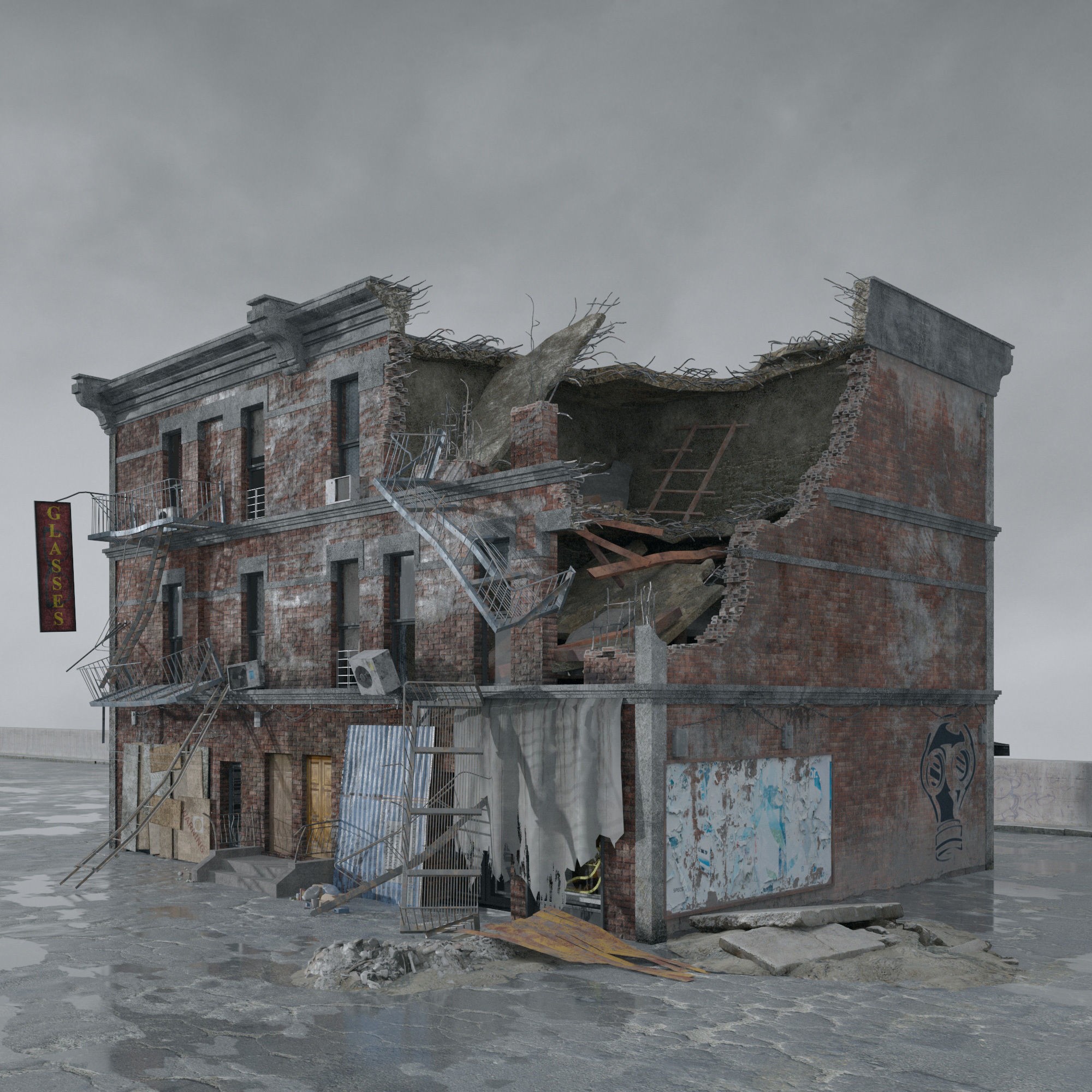 Post Apocalyptic Buildings 3D Model – High Quality PBR Textures, FBX - View 6