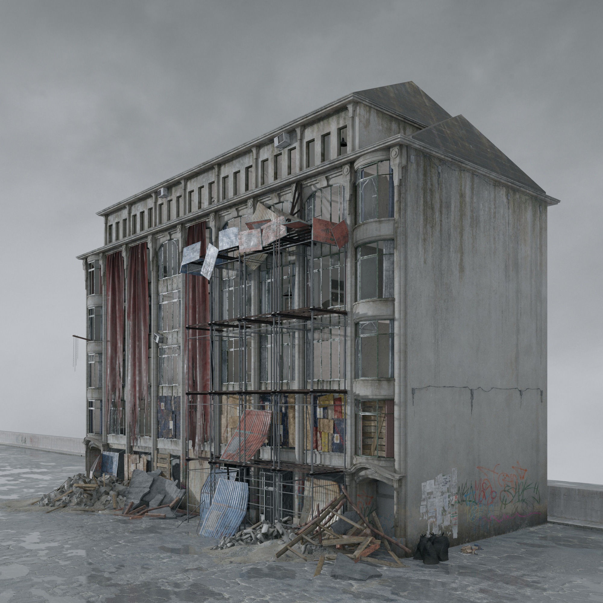 Post Apocalyptic Buildings 3D Model – High Quality PBR Textures, FBX - View 62