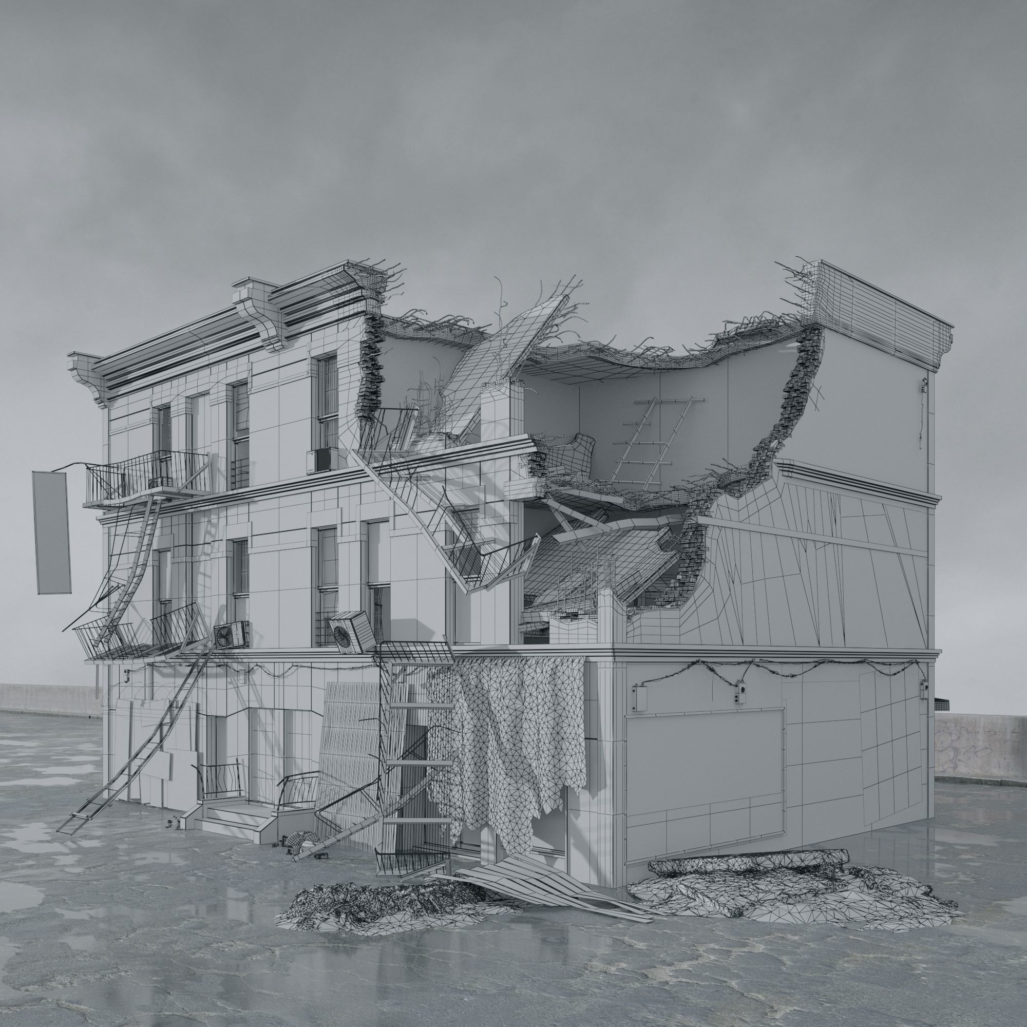 Post Apocalyptic Buildings 3D Model – High Quality PBR Textures, FBX - View 7