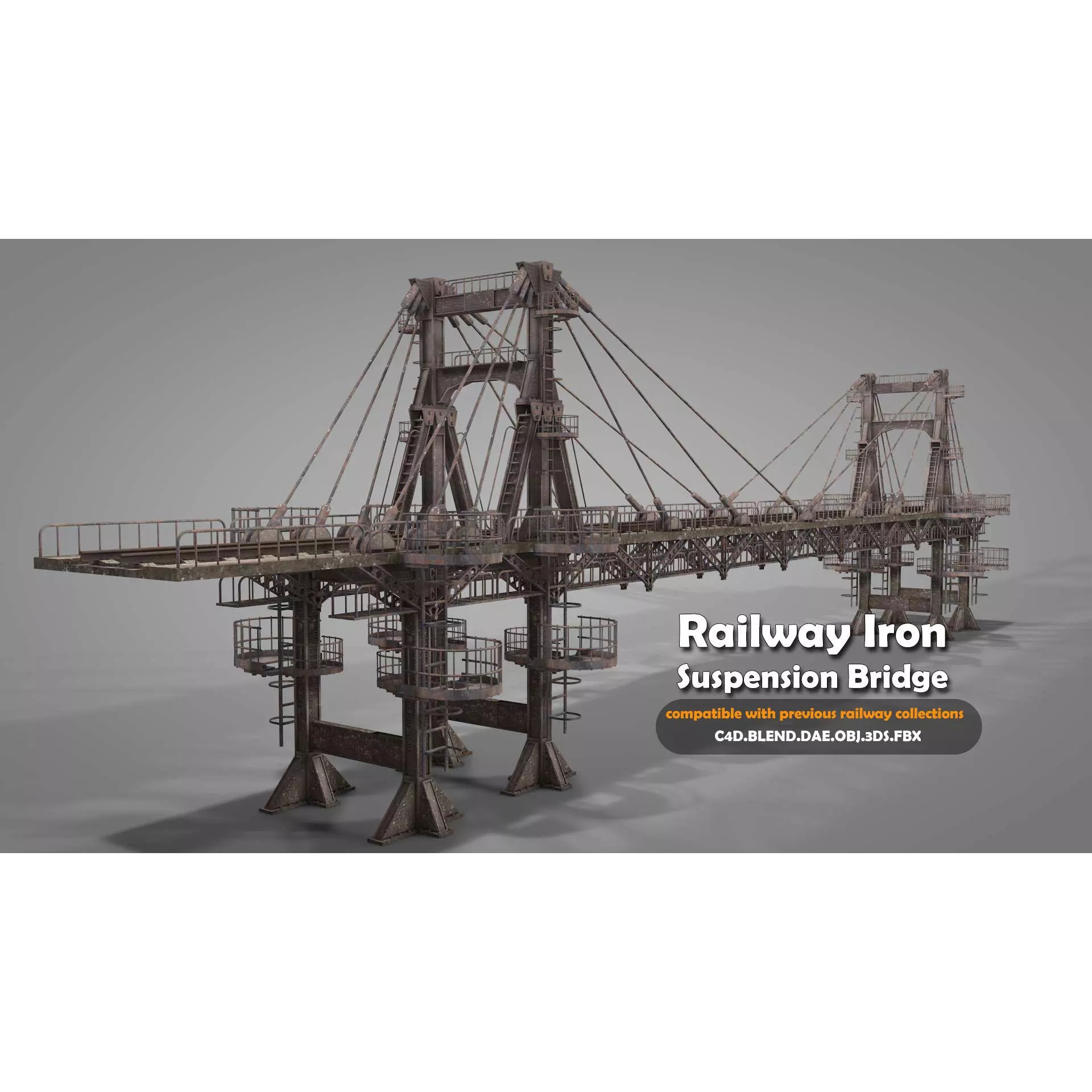 Railway Suspension Bridge 3D Model – Detailed Iron Structure, FBX, OBJ, Blender - View 2