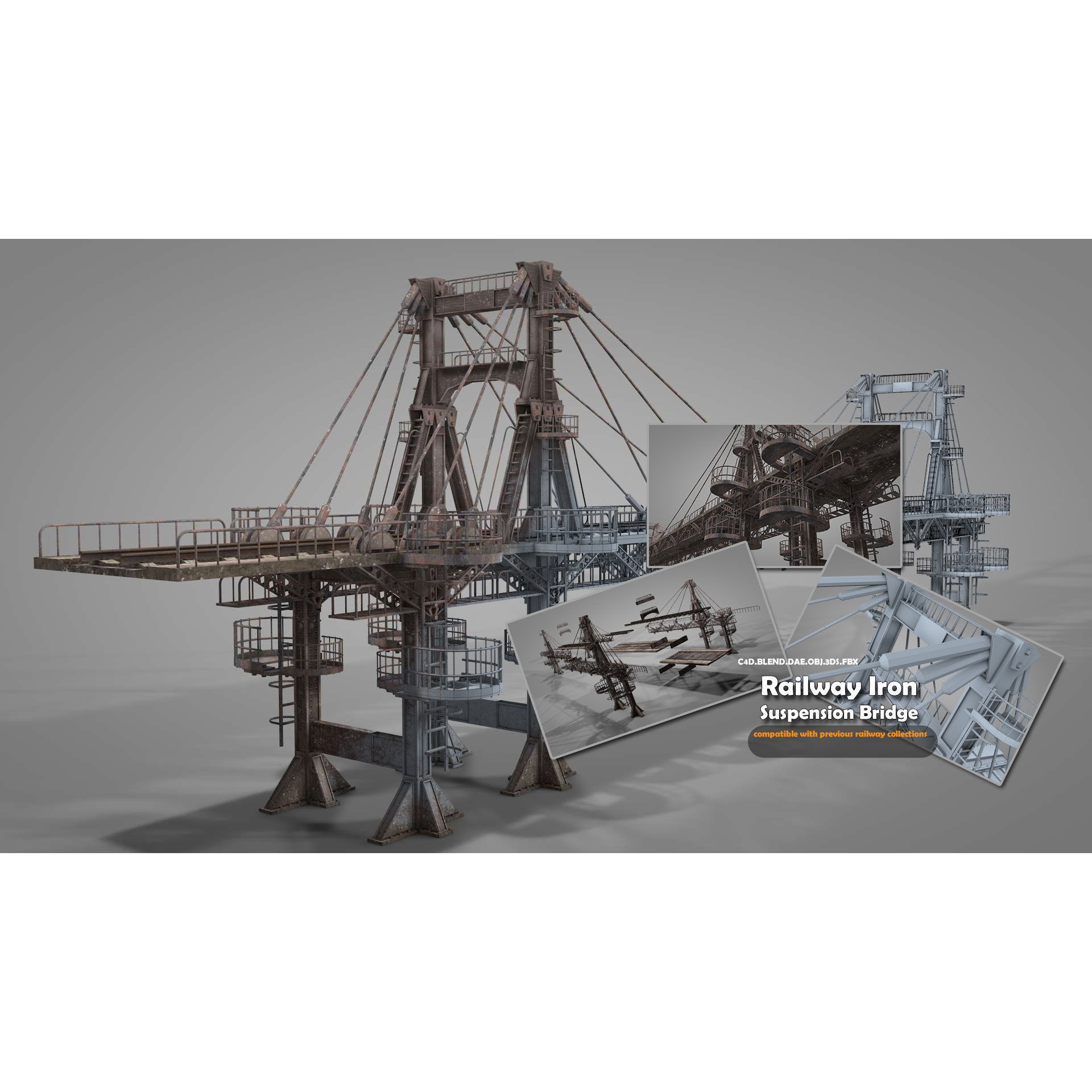 Railway Suspension Bridge 3D Model – Detailed Iron Structure, FBX, OBJ, Blender - View 3